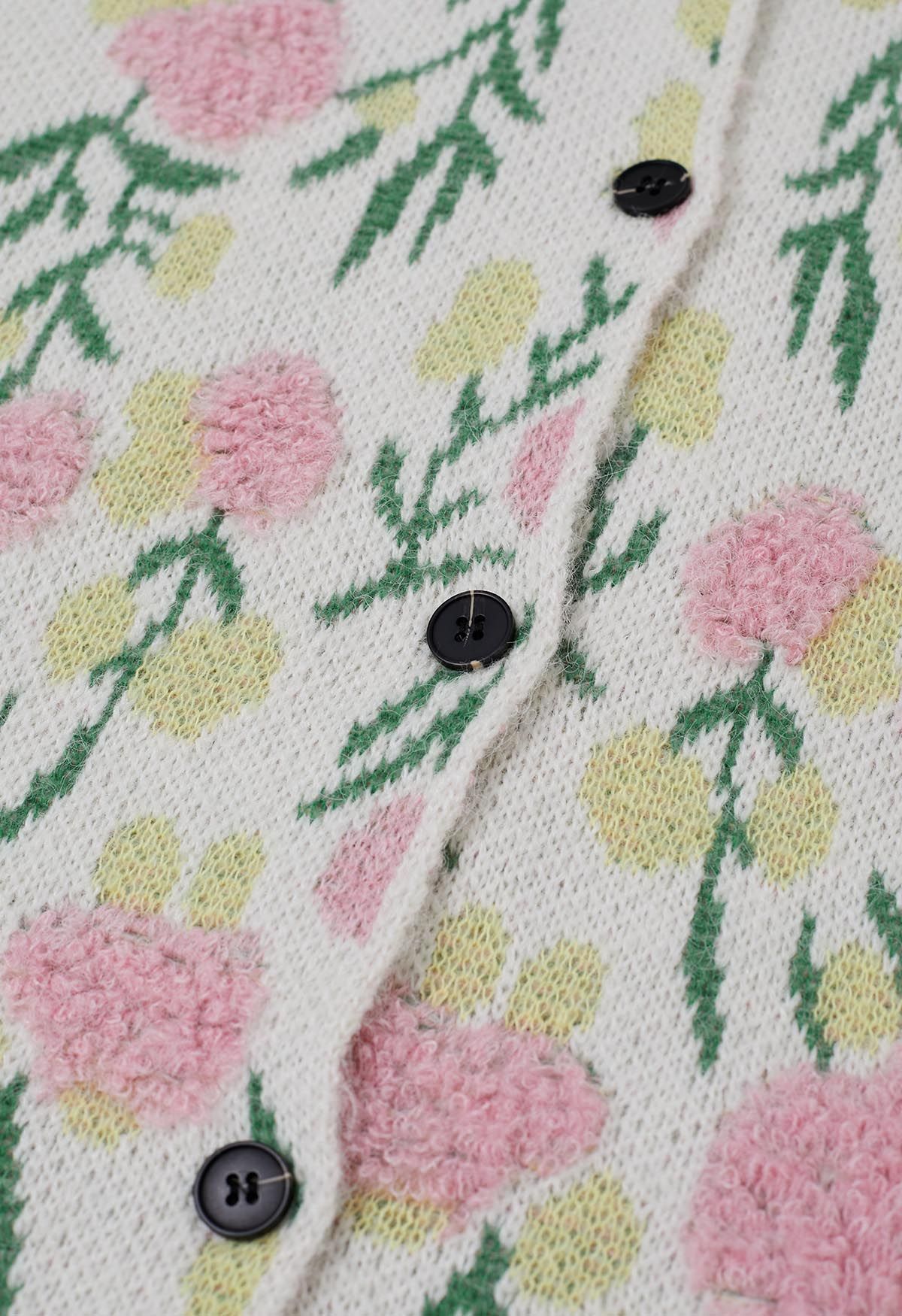 Pink Flowers Intarsia Jacquard Knit Buttoned Cardigan