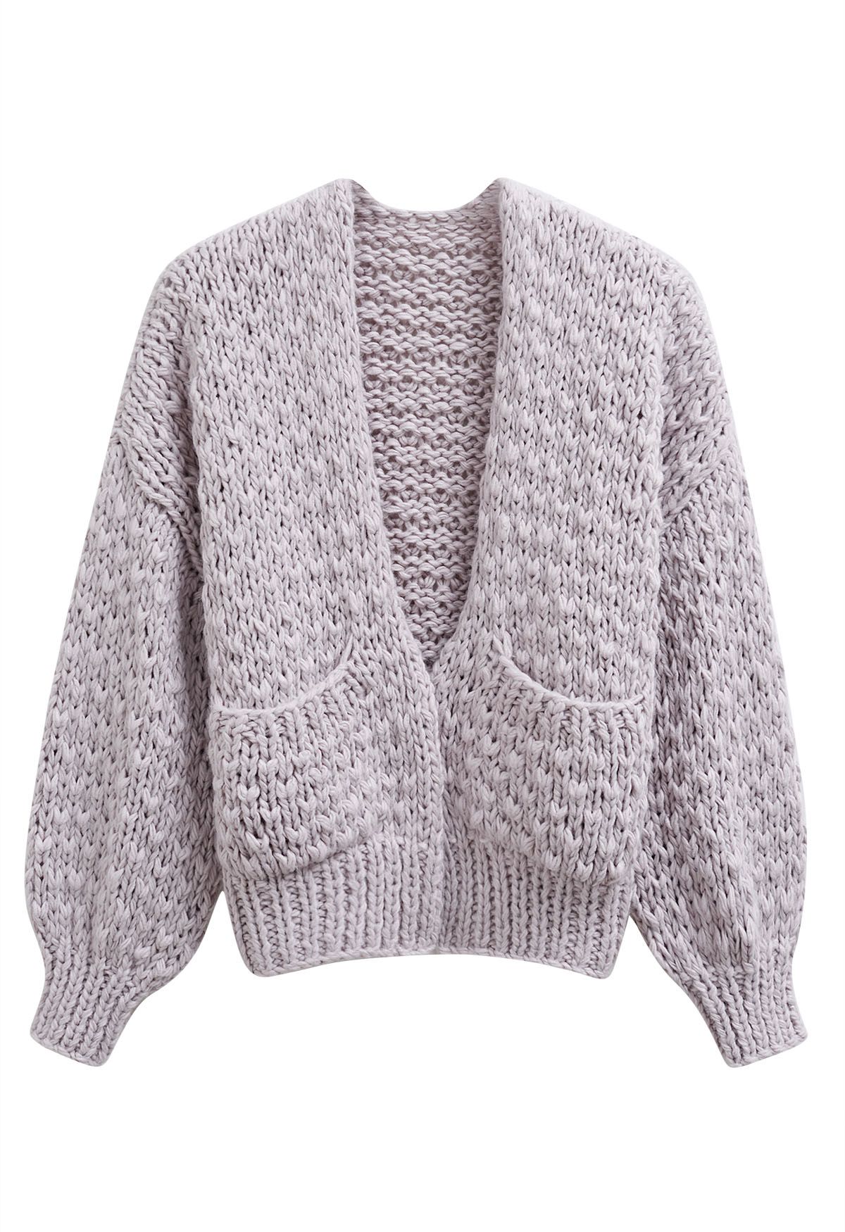 Chunky Hand Knit Patch Pocket Open Front Cardigan in Lilac