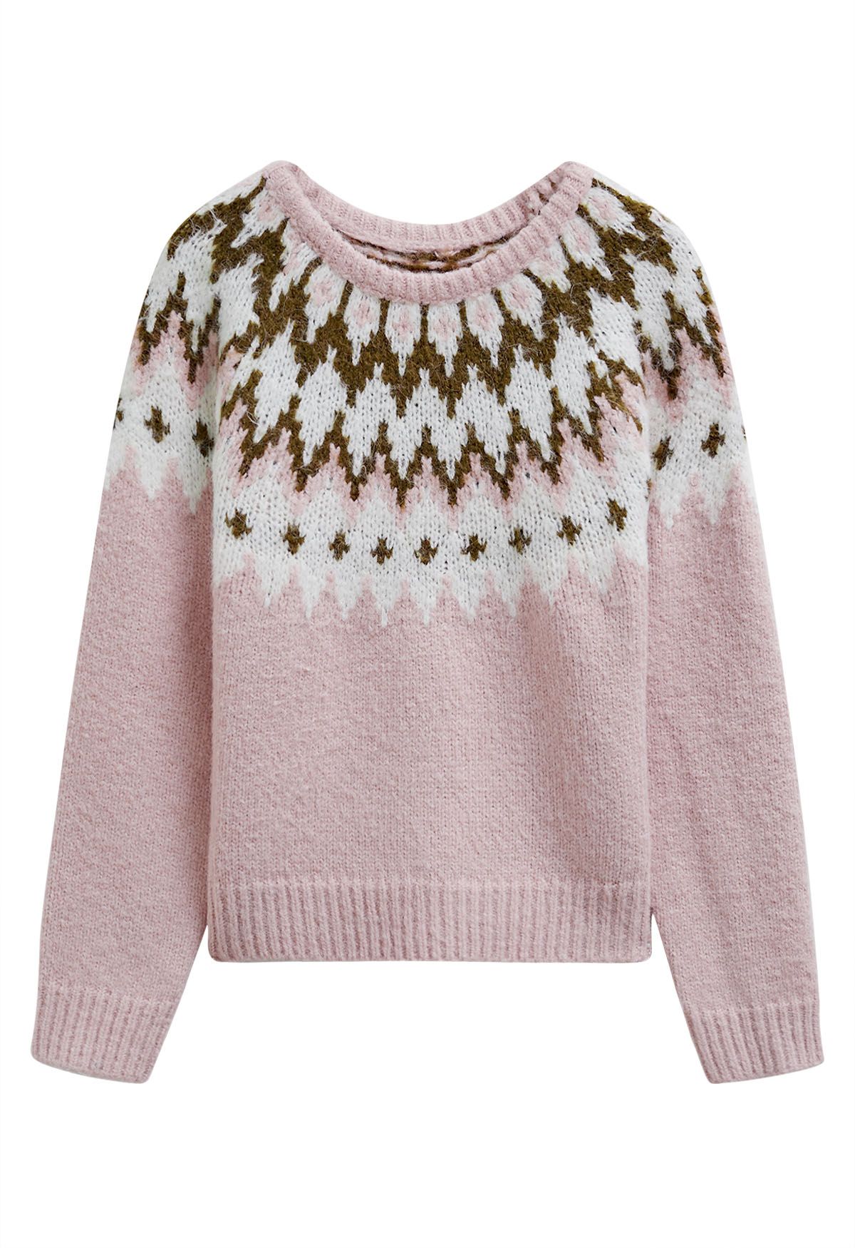 Winter Whimsy Fair Isle Ribbed Knit Sweater in Pink