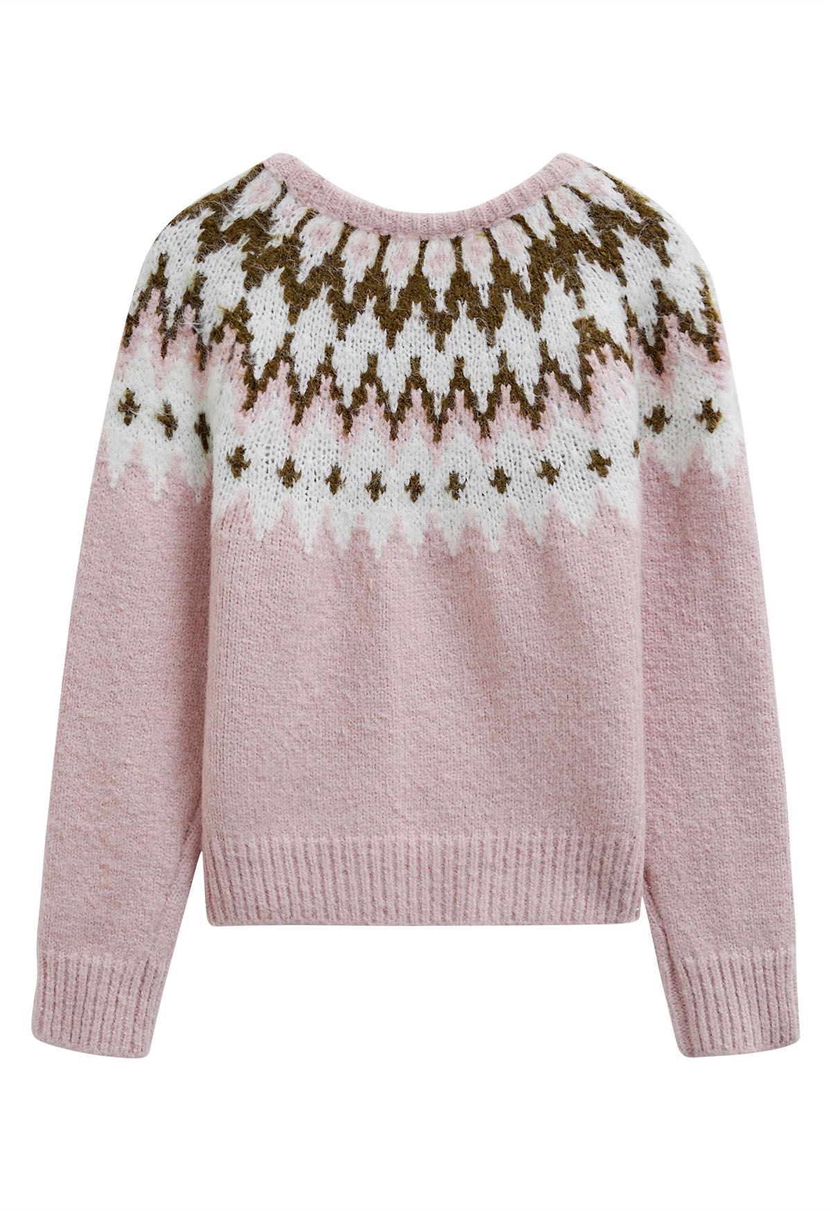 Winter Whimsy Fair Isle Ribbed Knit Sweater in Pink