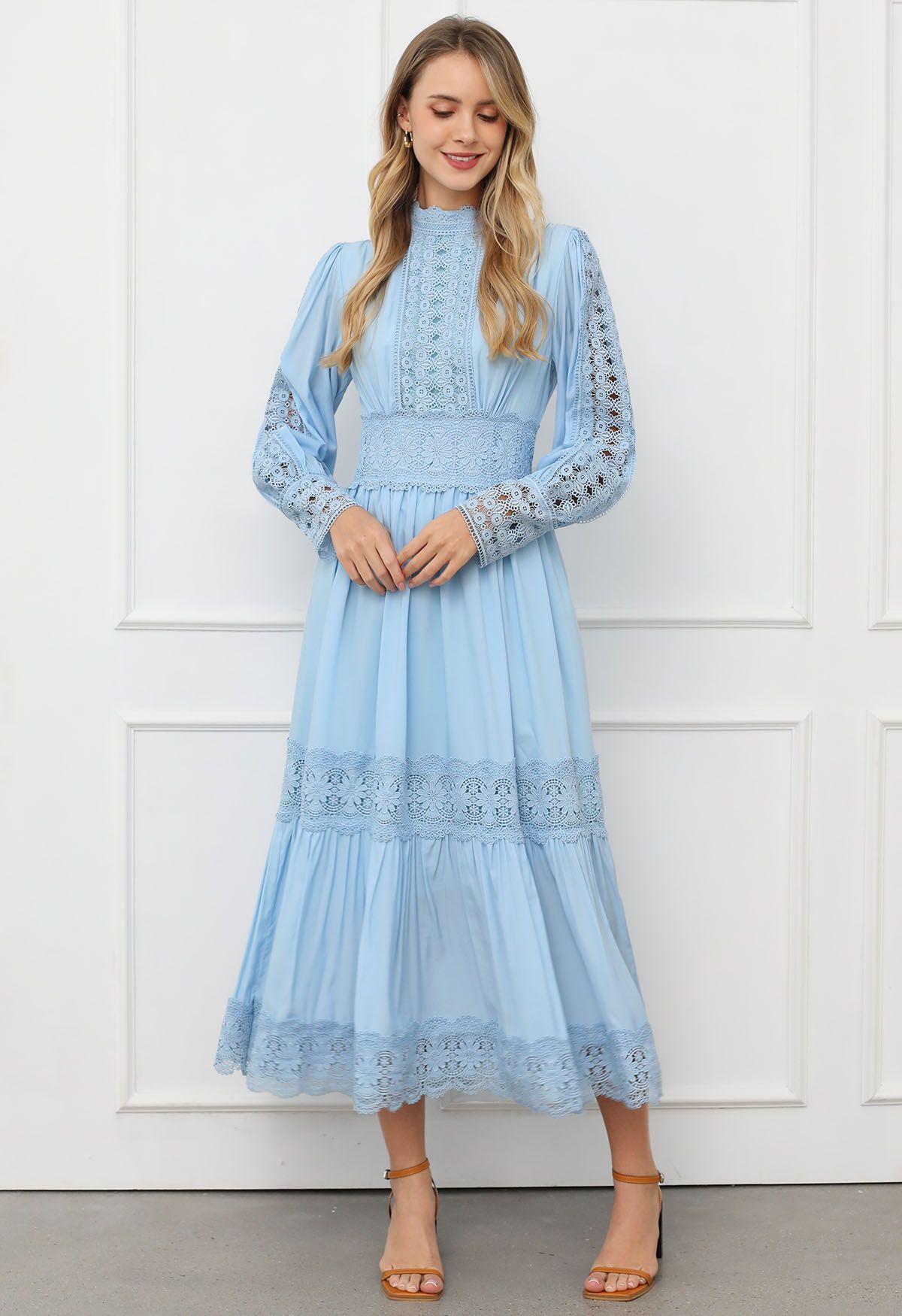 Victorian Elegance Cutwork Lace Maxi Dress in Baby Blue