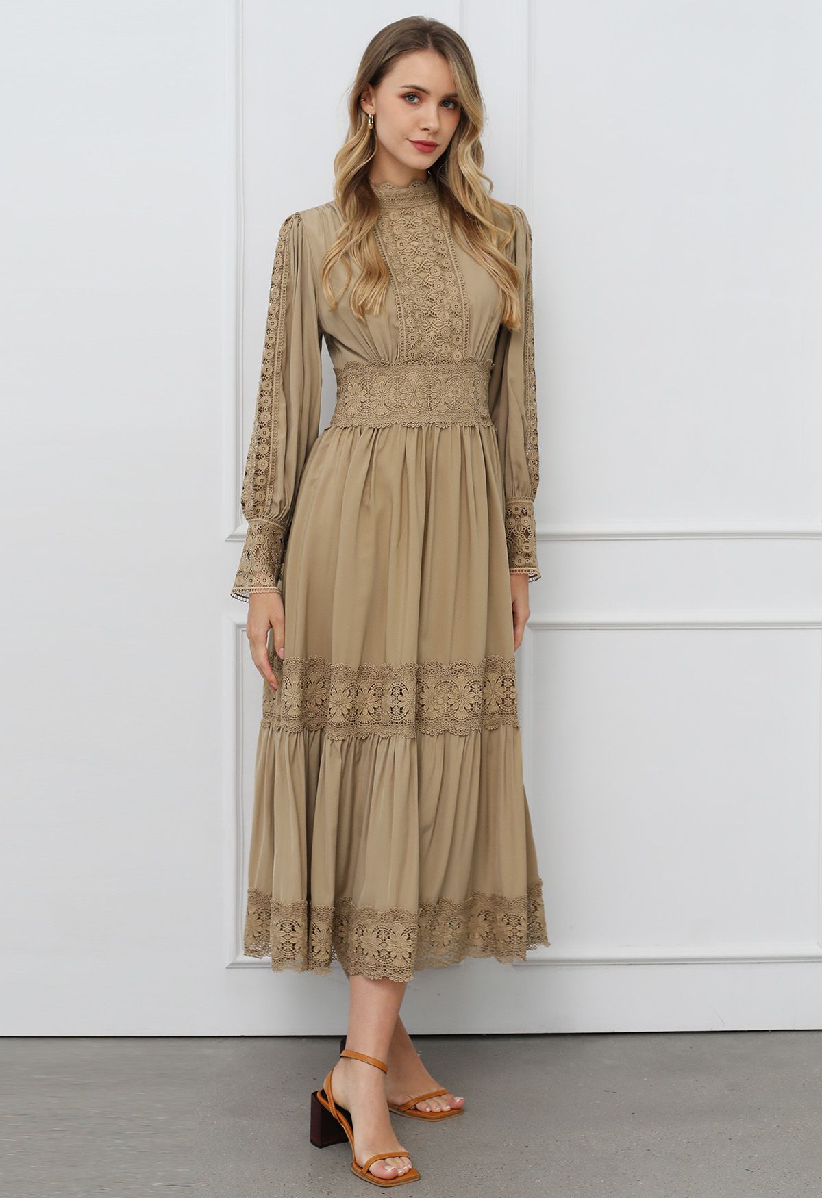 Victorian Elegance Cutwork Lace Maxi Dress in Tan