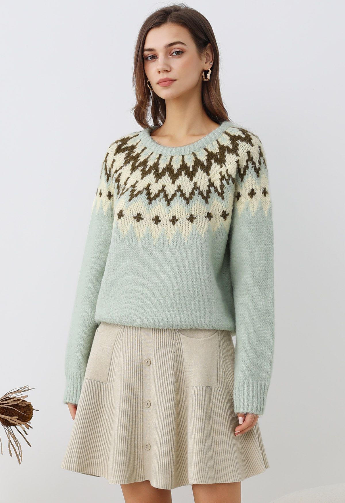 Winter Whimsy Fair Isle Ribbed Knit Sweater in Mint