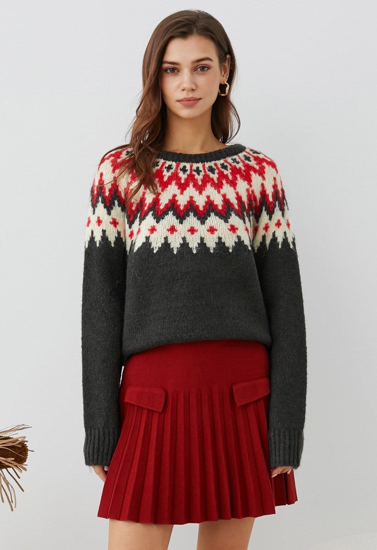 Winter Whimsy Fair Isle Ribbed Knit Sweater in Smoke