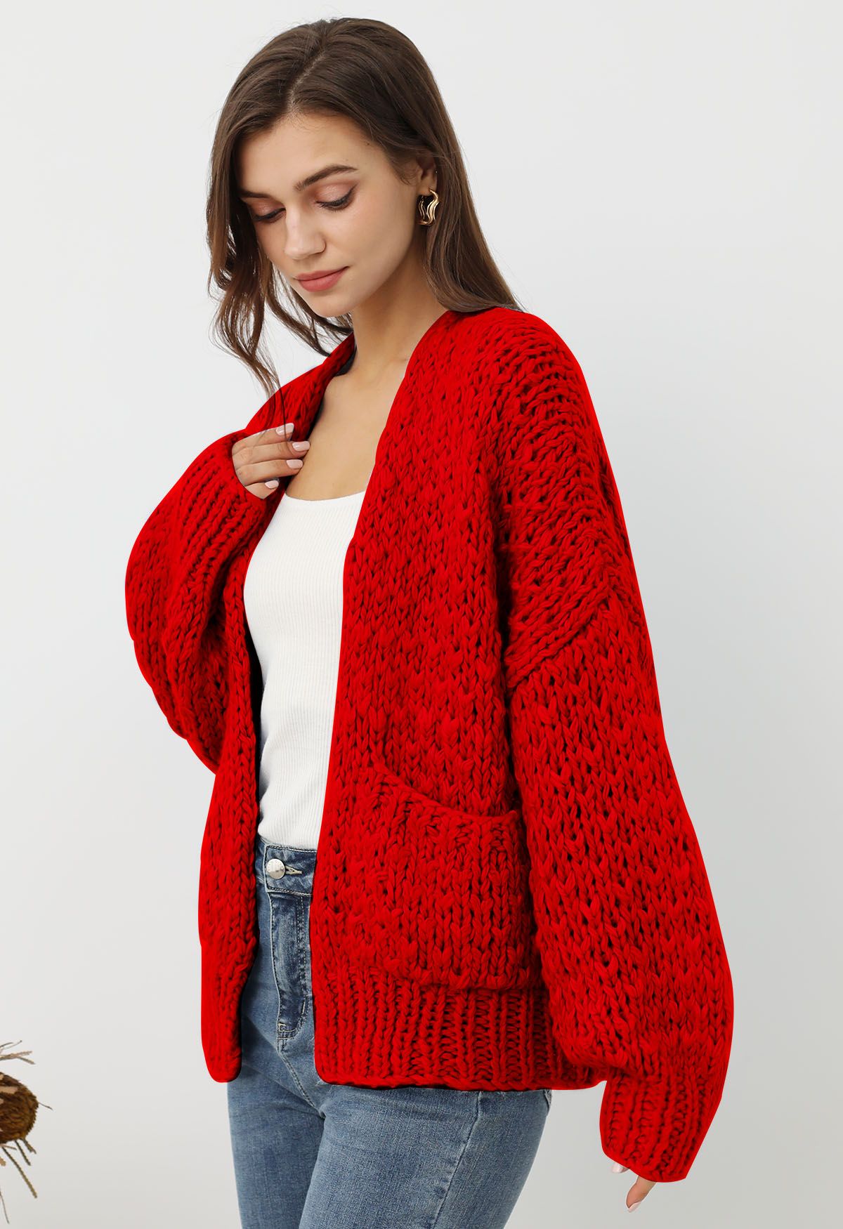 Chunky Hand Knit Patch Pocket Open Front Cardigan in Red