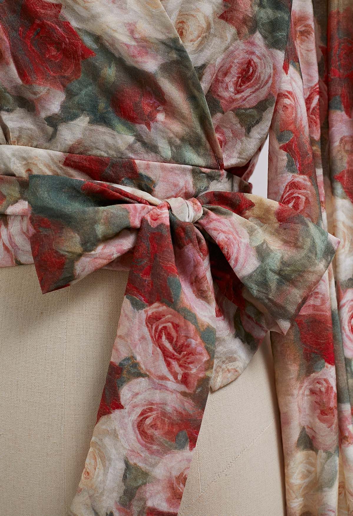 Romantic Rose Print Tie-Waist Wrap Top