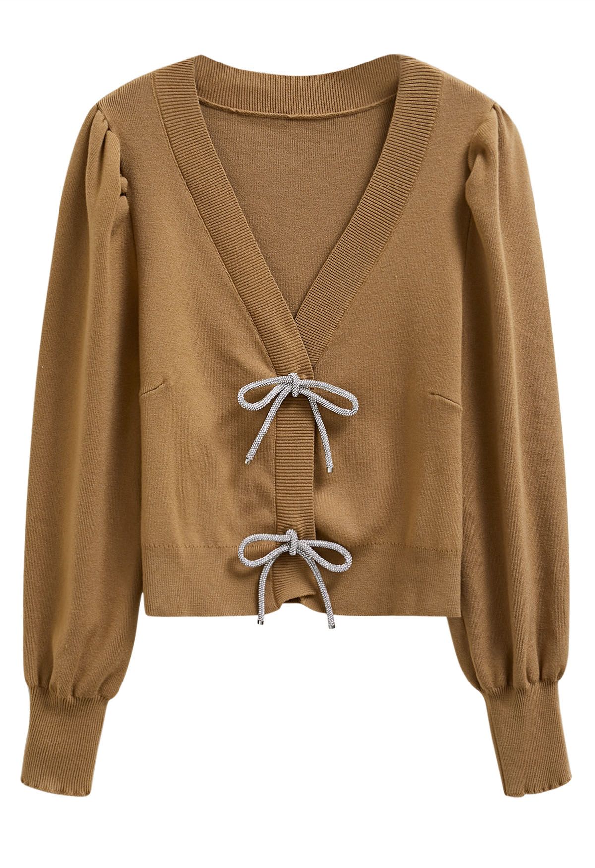 Sparkling Bowknot Buttoned Lantern Sleeve Knit Cardigan in Camel