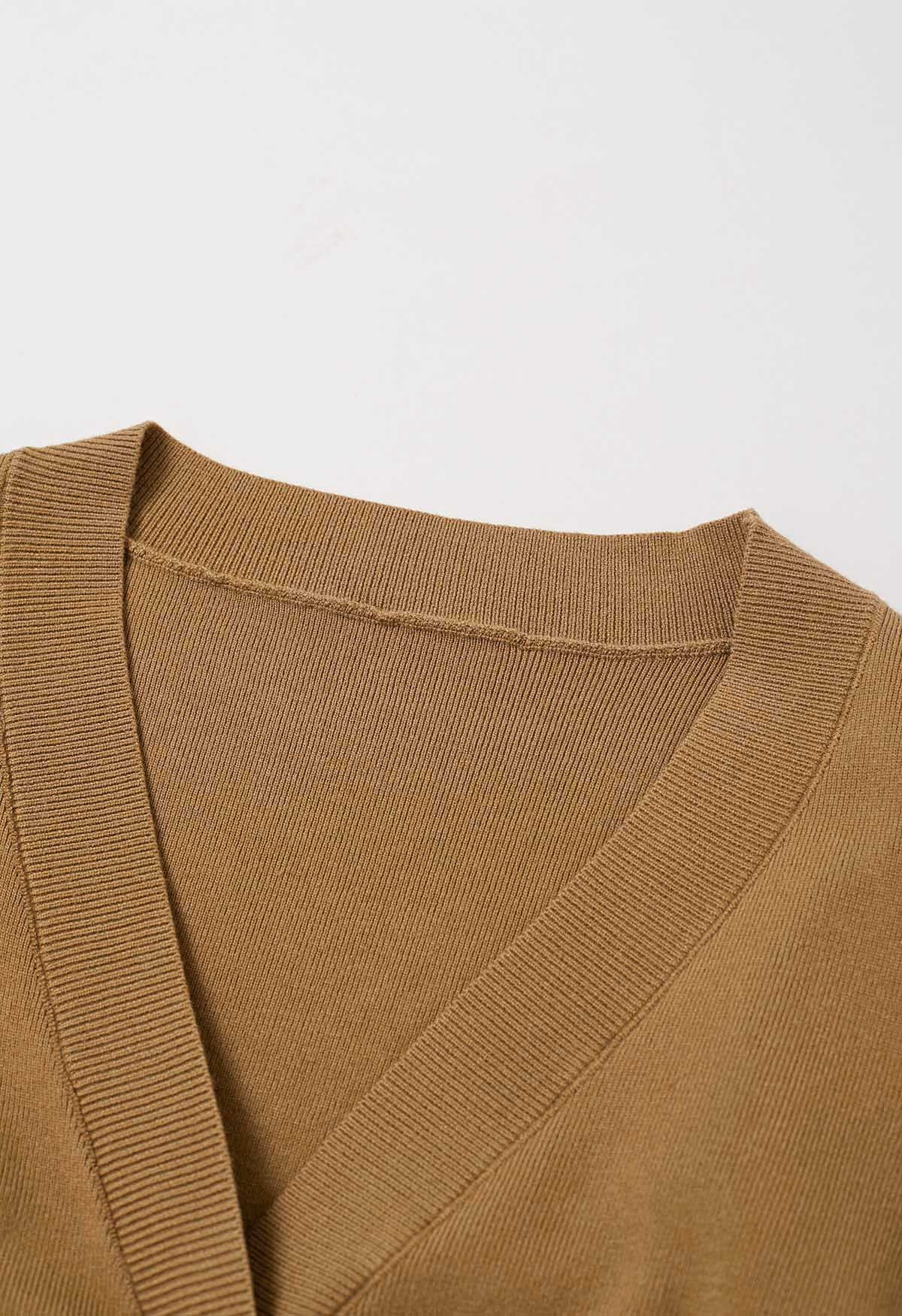 Sparkling Bowknot Buttoned Lantern Sleeve Knit Cardigan in Camel