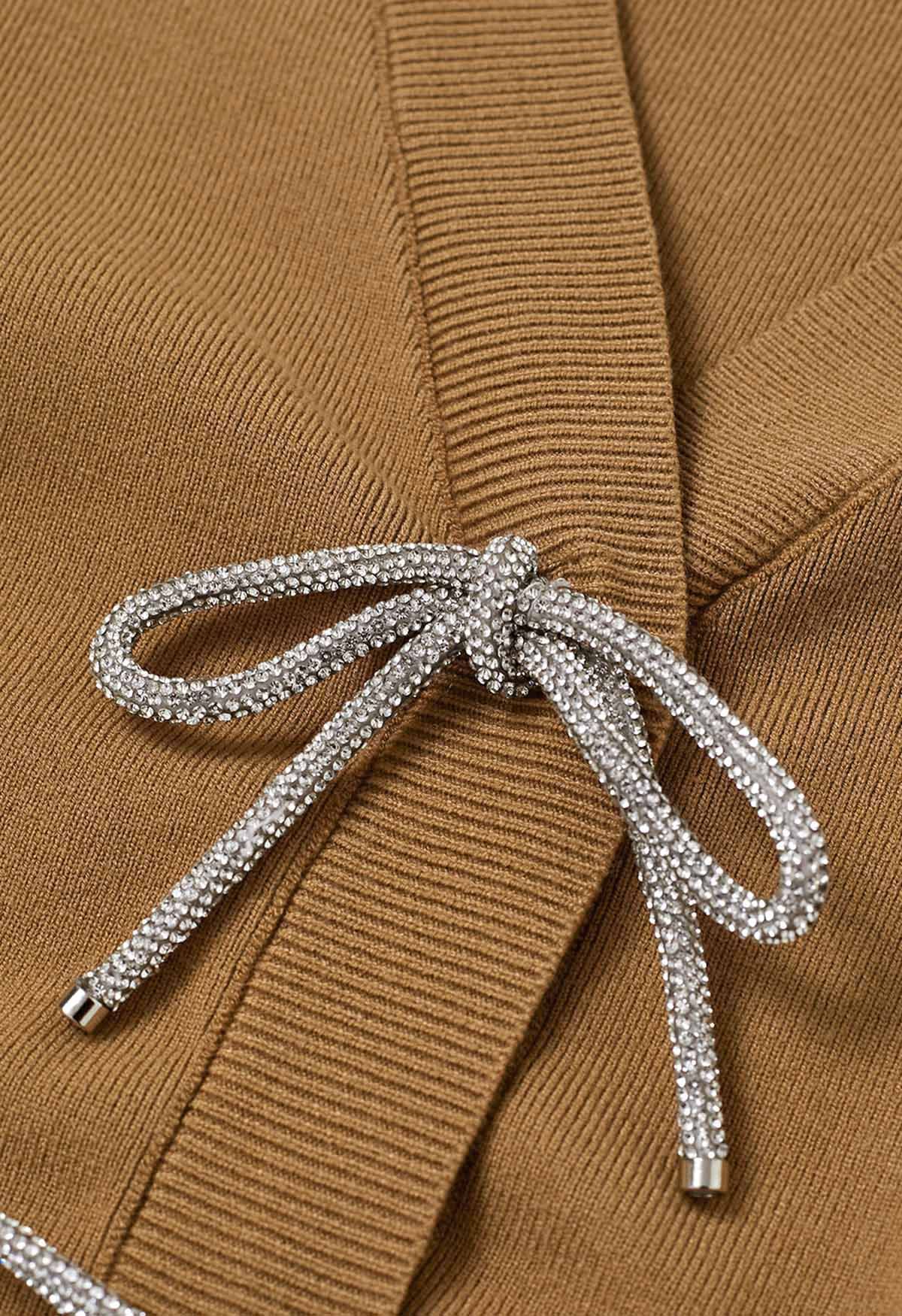 Sparkling Bowknot Buttoned Lantern Sleeve Knit Cardigan in Camel