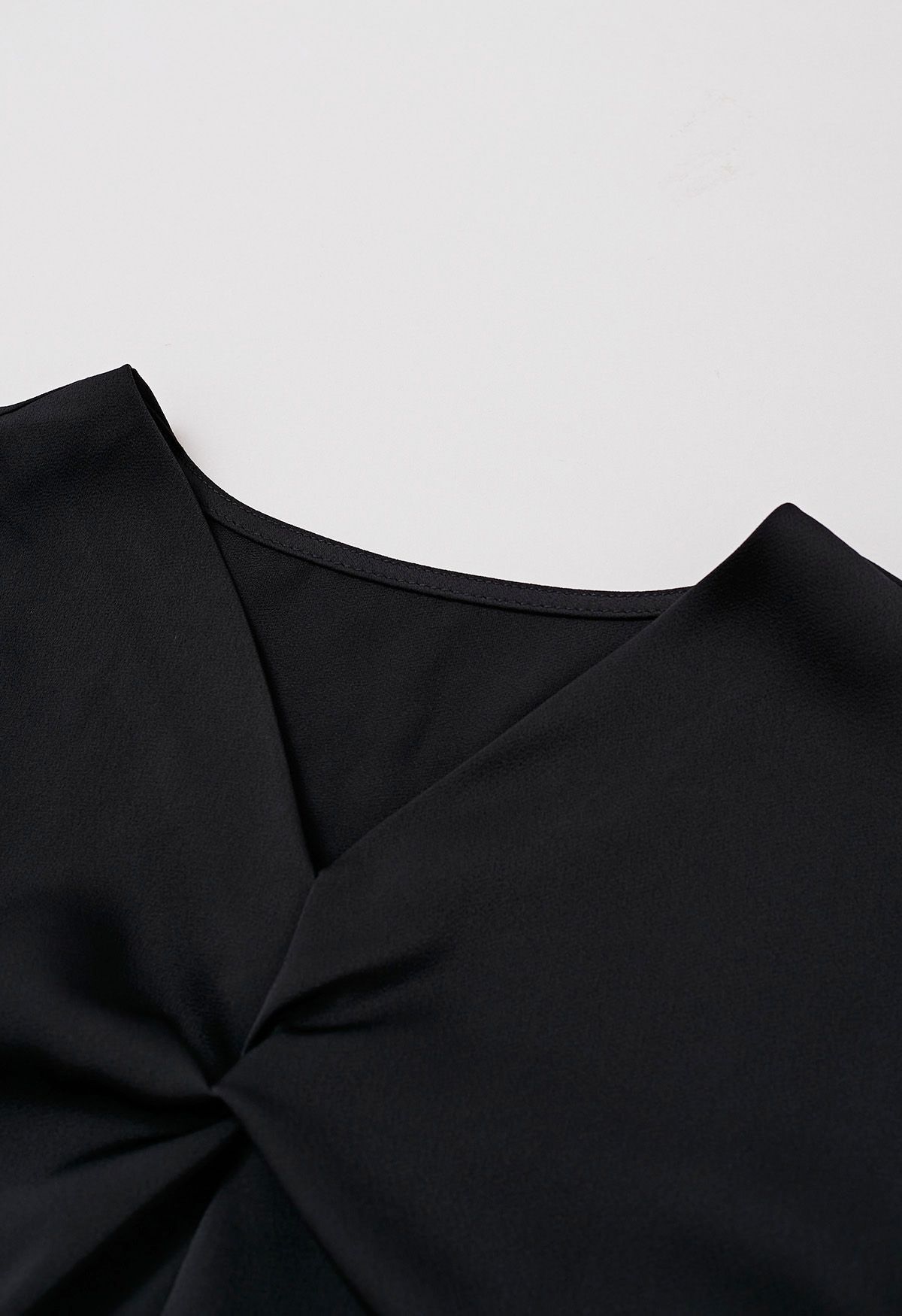 Ribbon V-Neckline Twist Detail Satin Top in Black