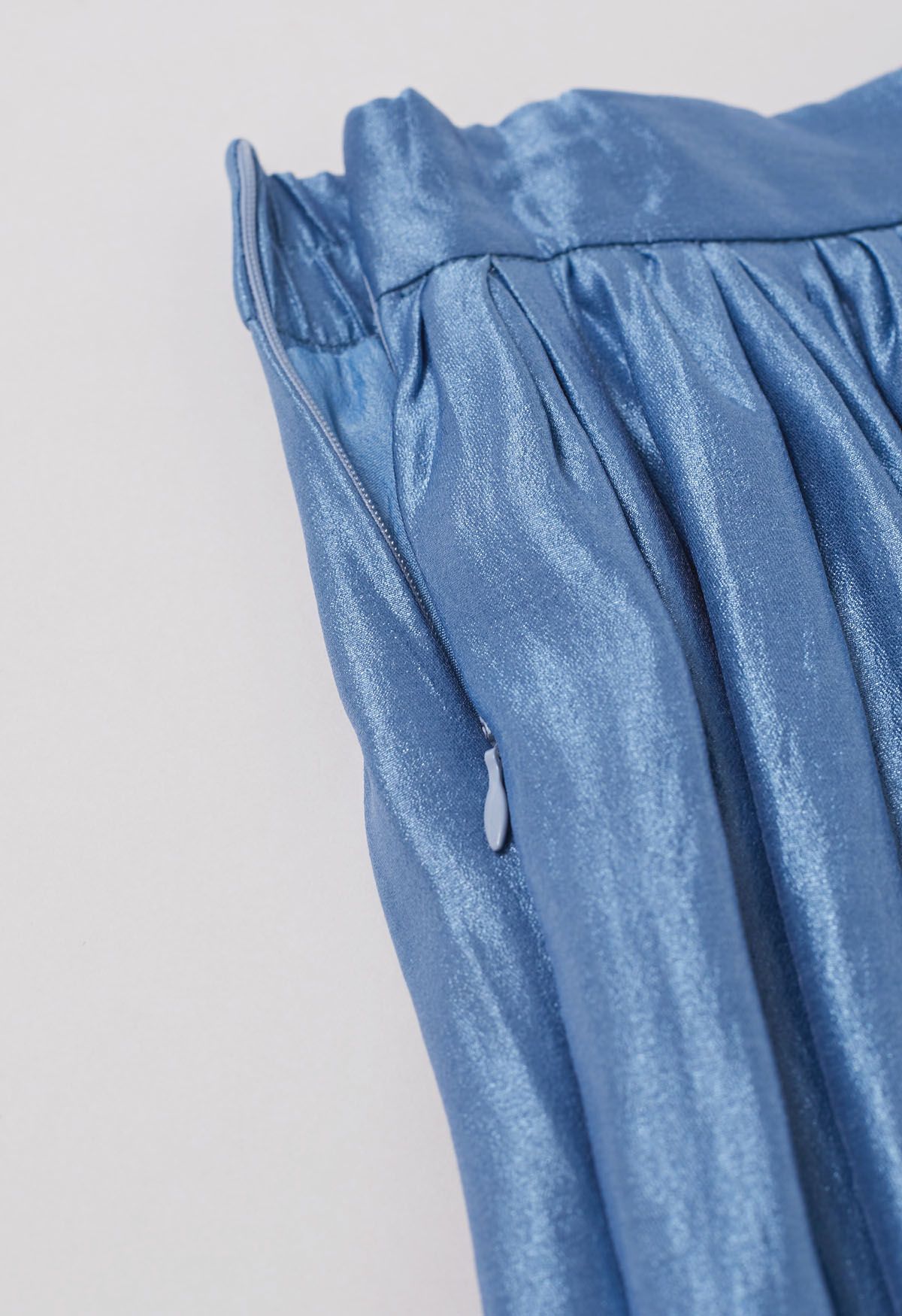 Glossy Blue Pleated Midi Skirt