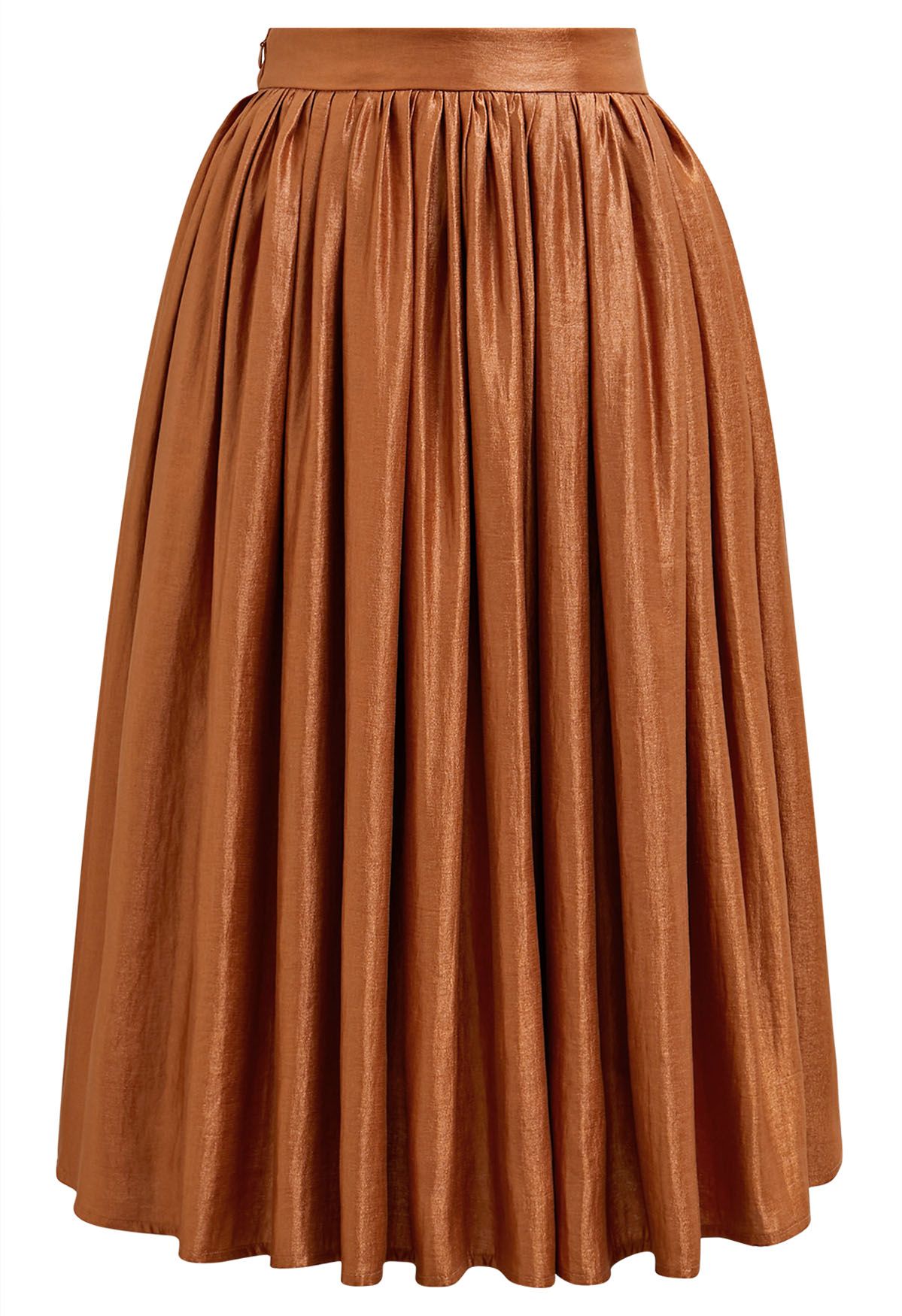 Glossy Orange Pleated Midi Skirt