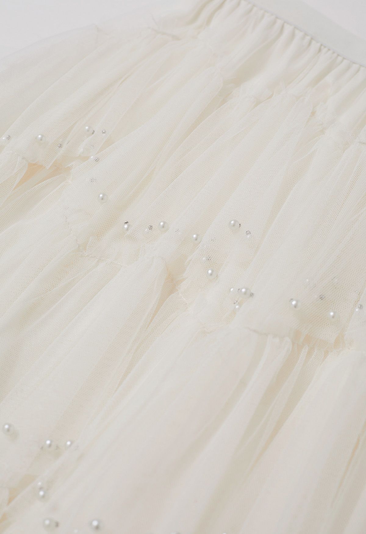 Ethereal Tiered Pearl Tulle Maxi Skirt in White