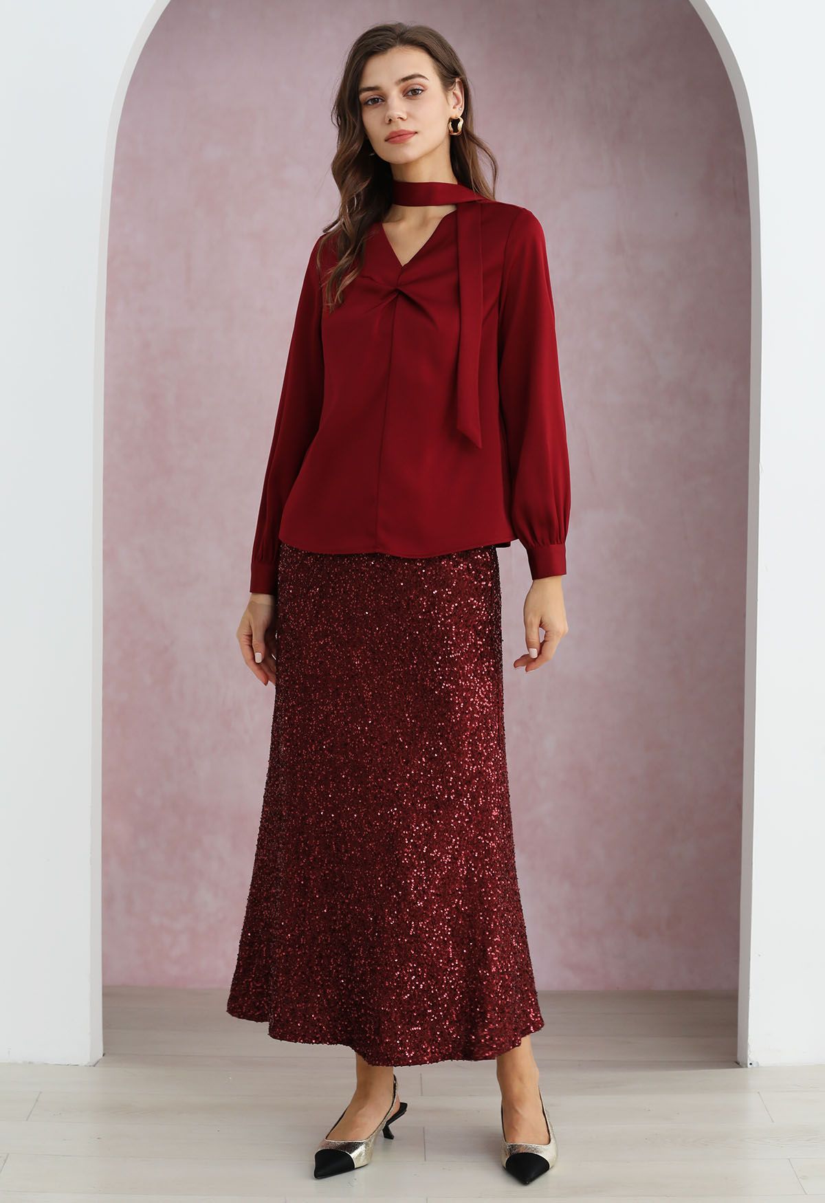 Full Sequin Mermaid Maxi Skirt in Red