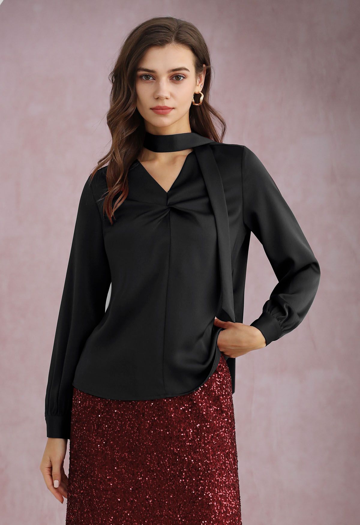 Ribbon V-Neckline Twist Detail Satin Top in Black