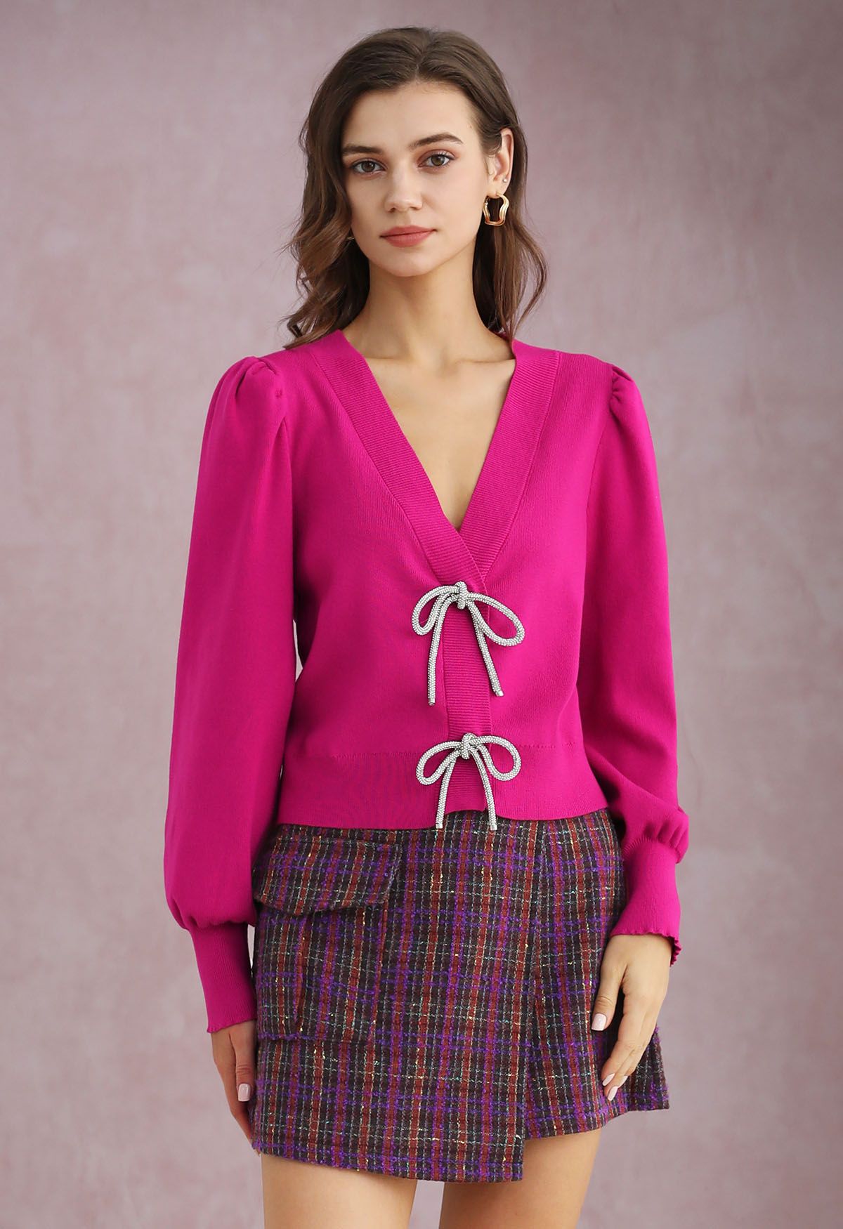 Sparkling Bowknot Buttoned Lantern Sleeve Knit Cardigan in Magenta