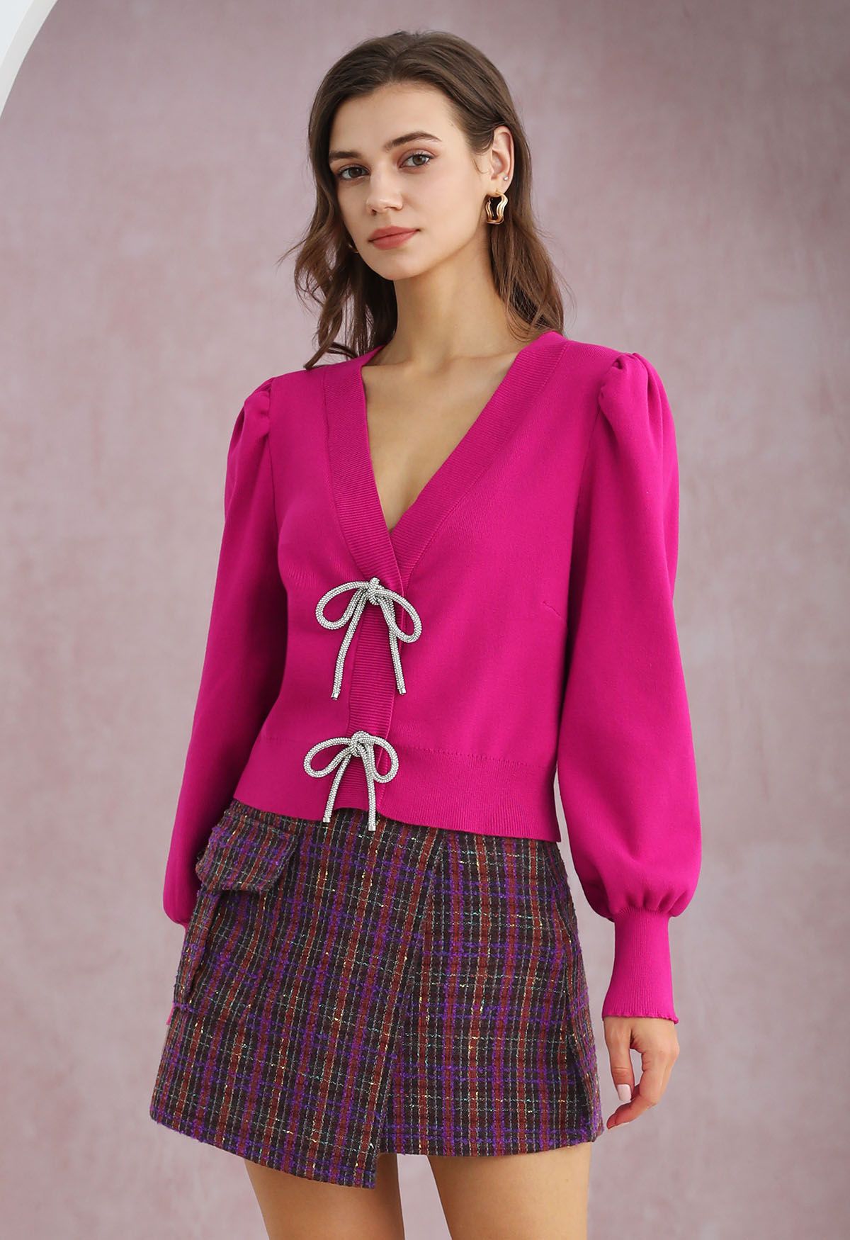 Sparkling Bowknot Buttoned Lantern Sleeve Knit Cardigan in Magenta