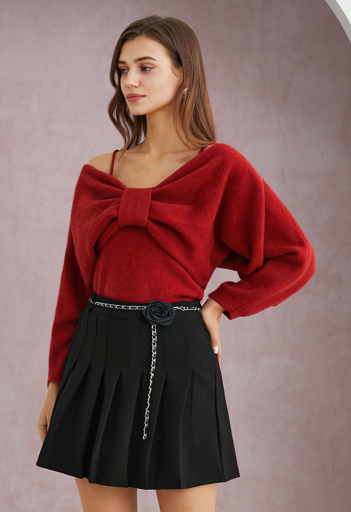 Mesmerizing Bowknot Cami Top and Sweater Set in Red