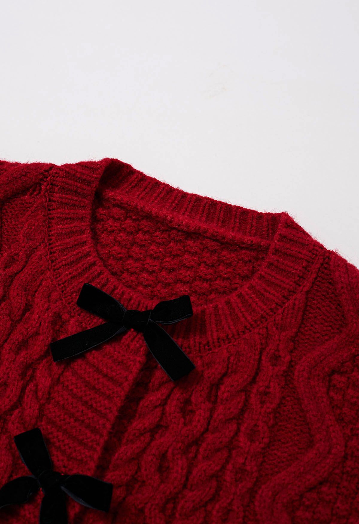 Bowknot Snap Button Braid Knit Cardigan in Red