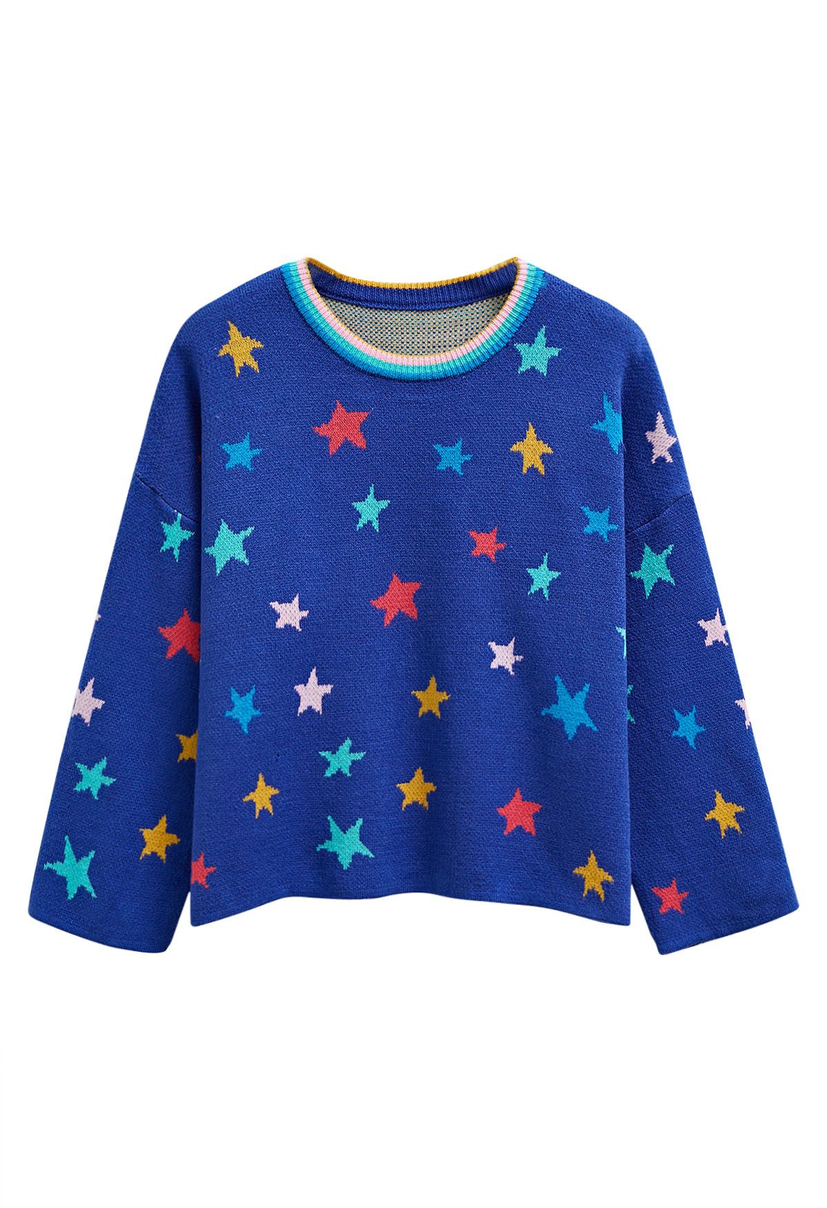 Cosmic Charm Star Bell Sleeve Knit Sweater in Royal Blue