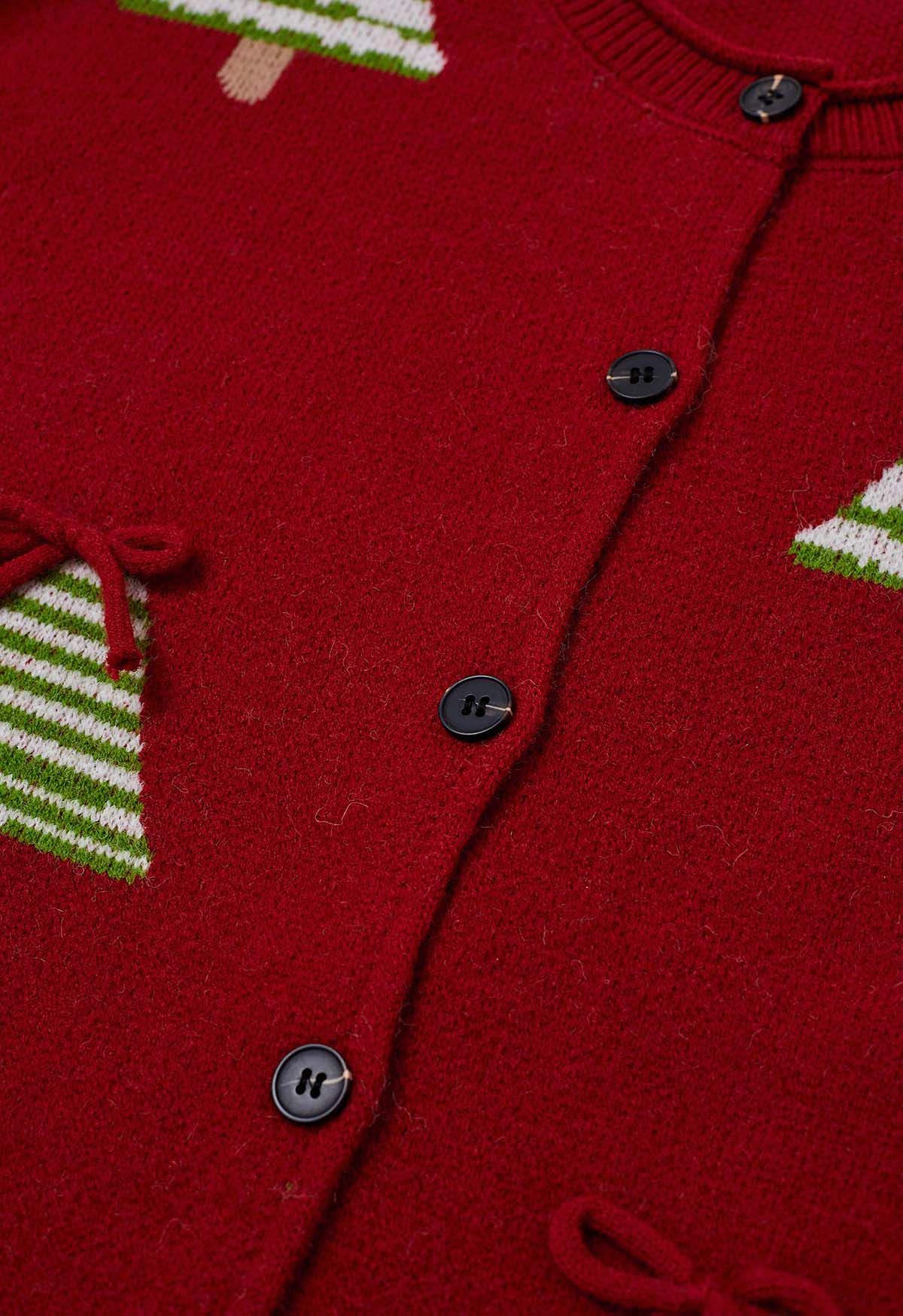 Cutie 3D Bowknot Christmas Tree Buttoned Knit Cardigan in Red