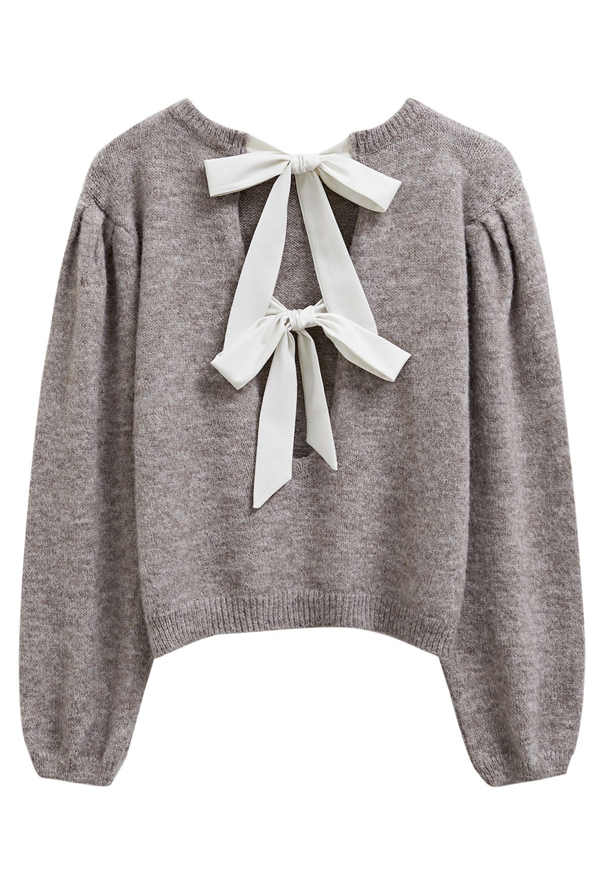 Bowknot Back Puff Sleeve Knit Sweater in Taupe