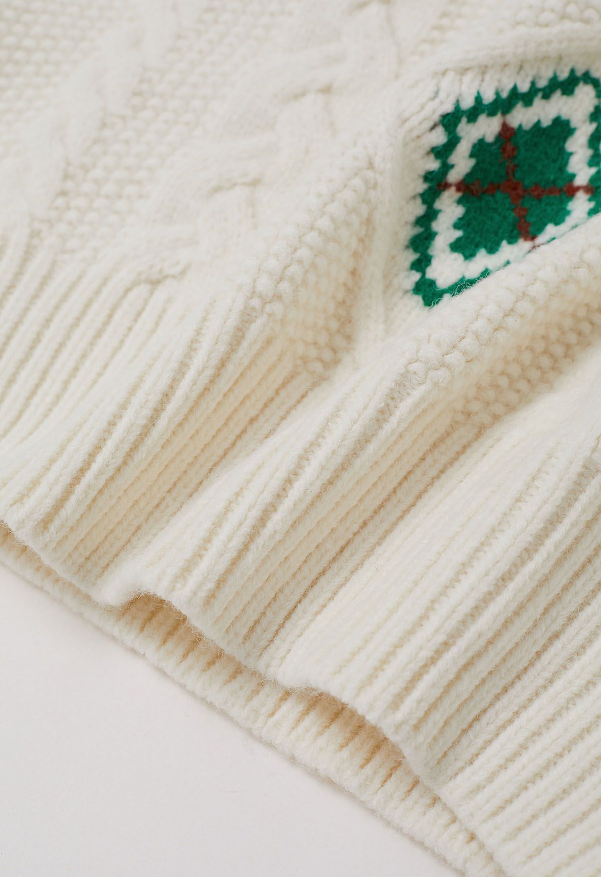 Festive Geometric Braid Knit Sweater in White