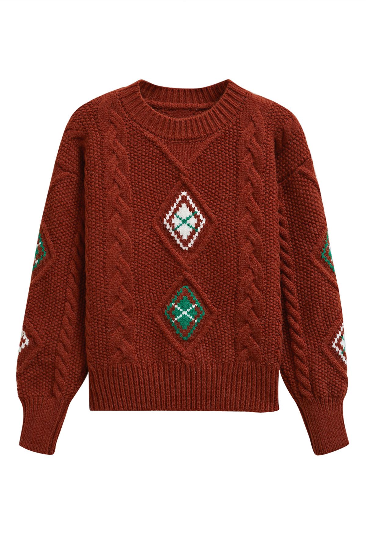 Festive Geometric Braid Knit Sweater in Red