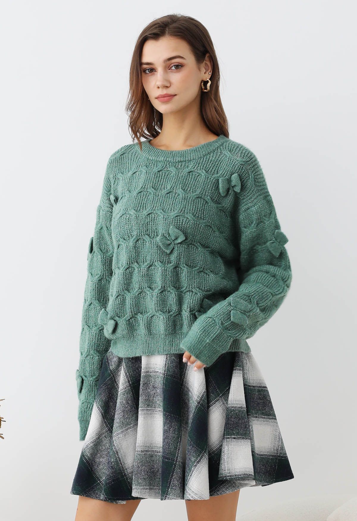 Playful Bow Geometric Textured Knit Sweater in Green