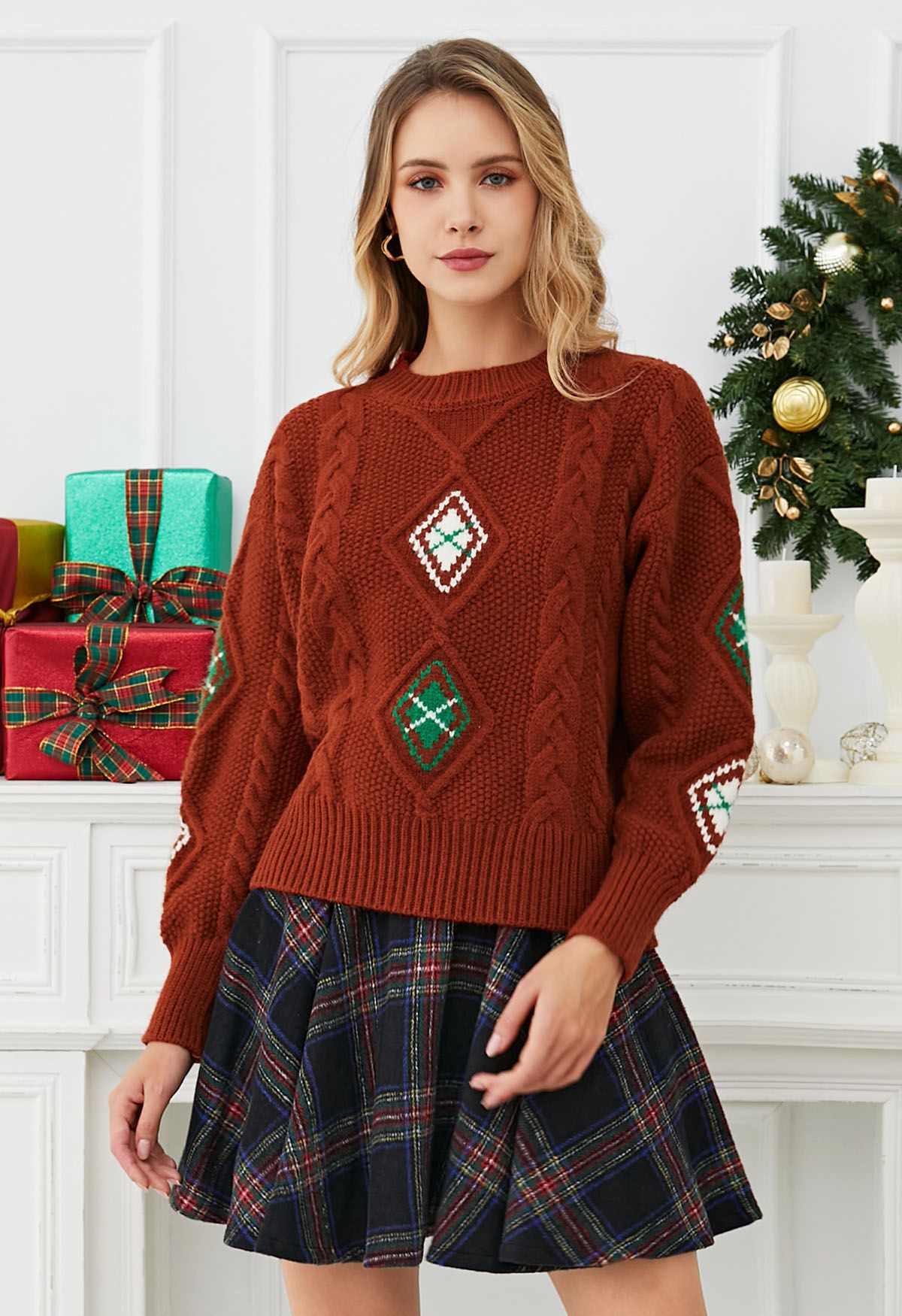 Festive Geometric Braid Knit Sweater in Red