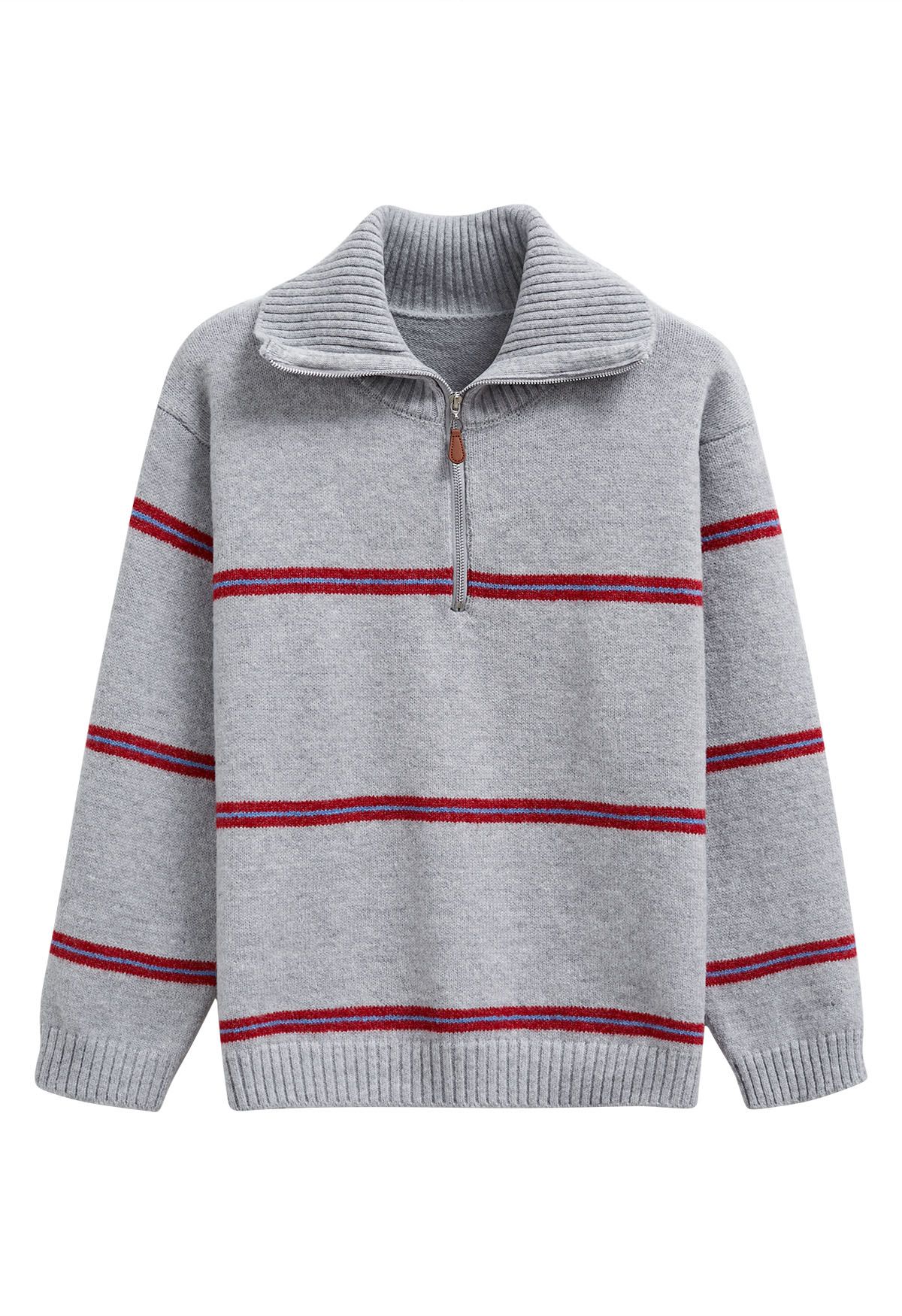 Sporty Stripes Half-Zip Collar Knit Sweater in Grey