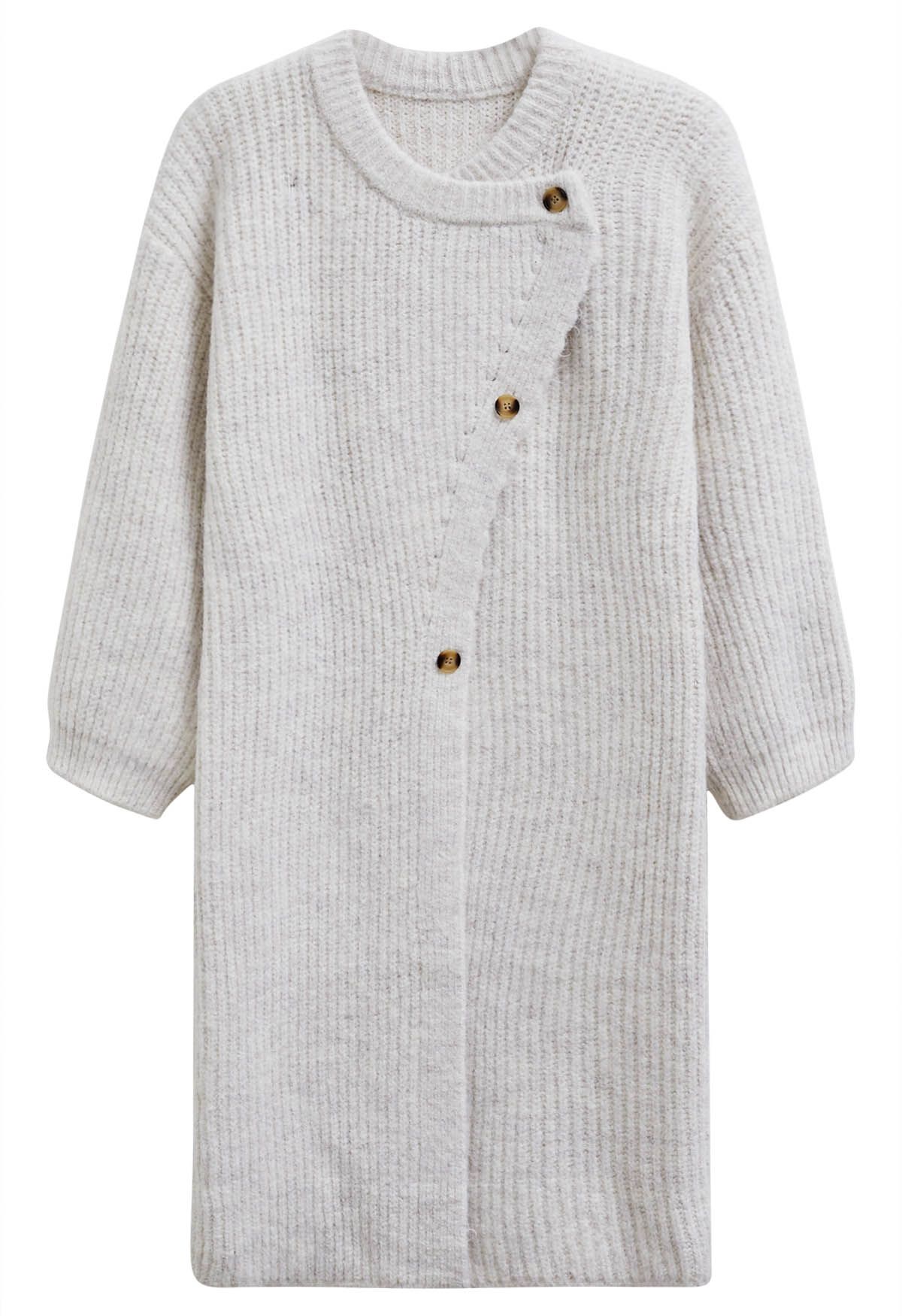 Warmth Wrapped Asymmetric Buttoned Knit Longline Cardigan in White