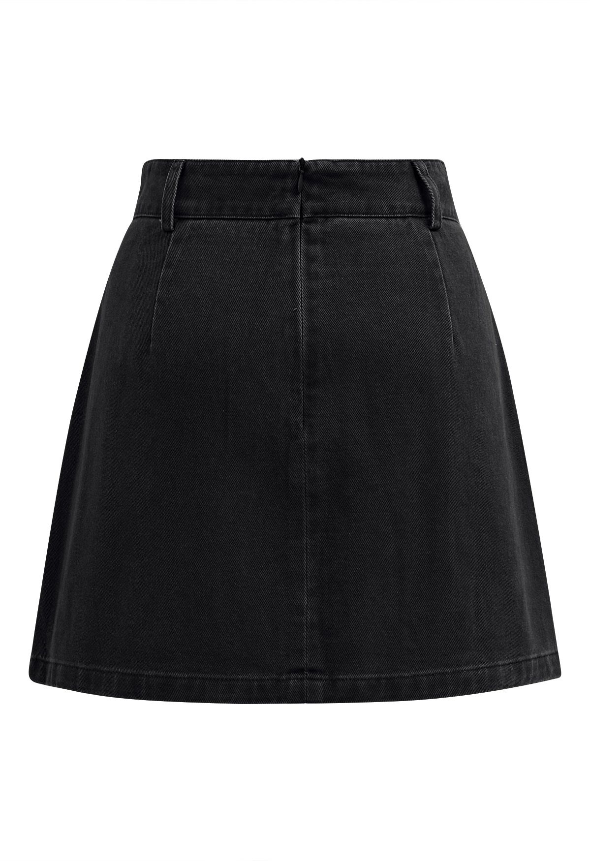 Double-Buttoned Flap Denim Mini Skirt in Black