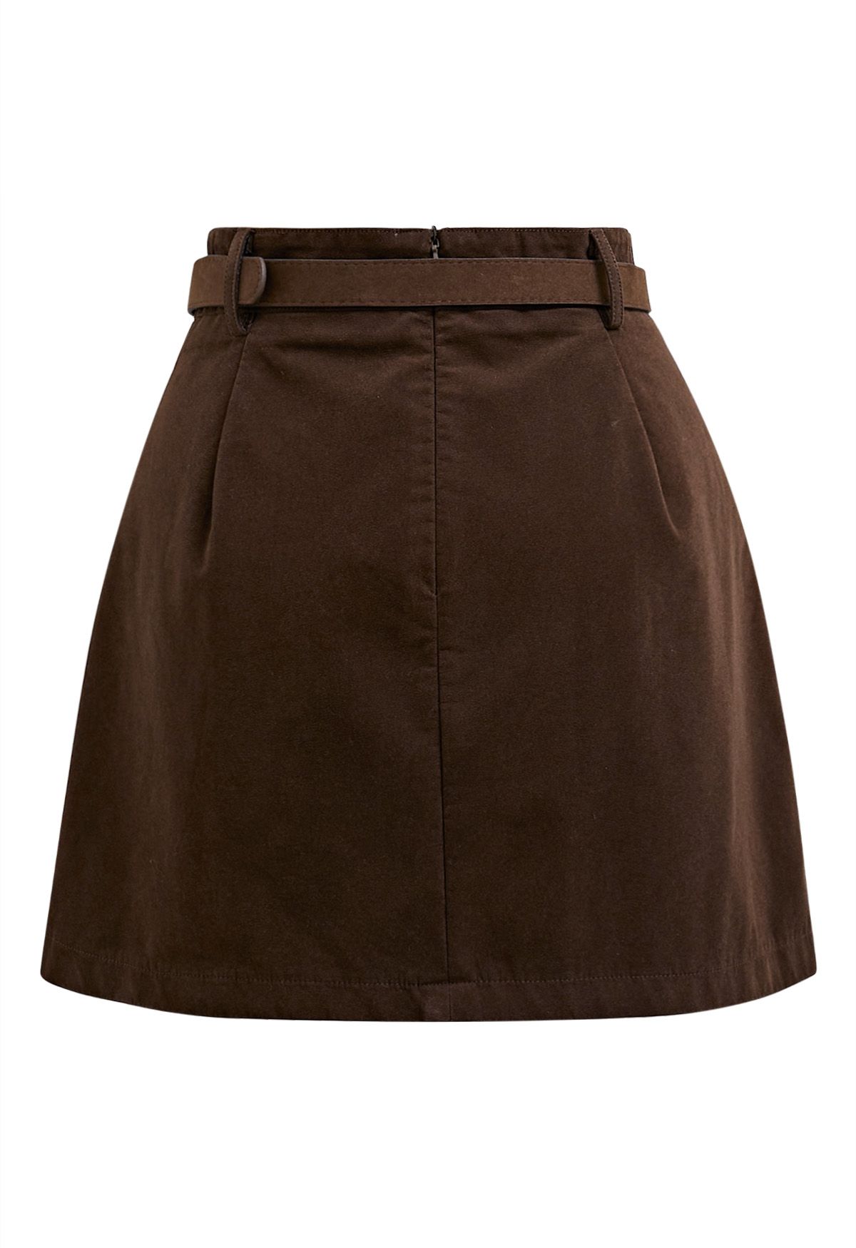 Time-Traveled Faux Suede Belted Mini Skirt in Brown