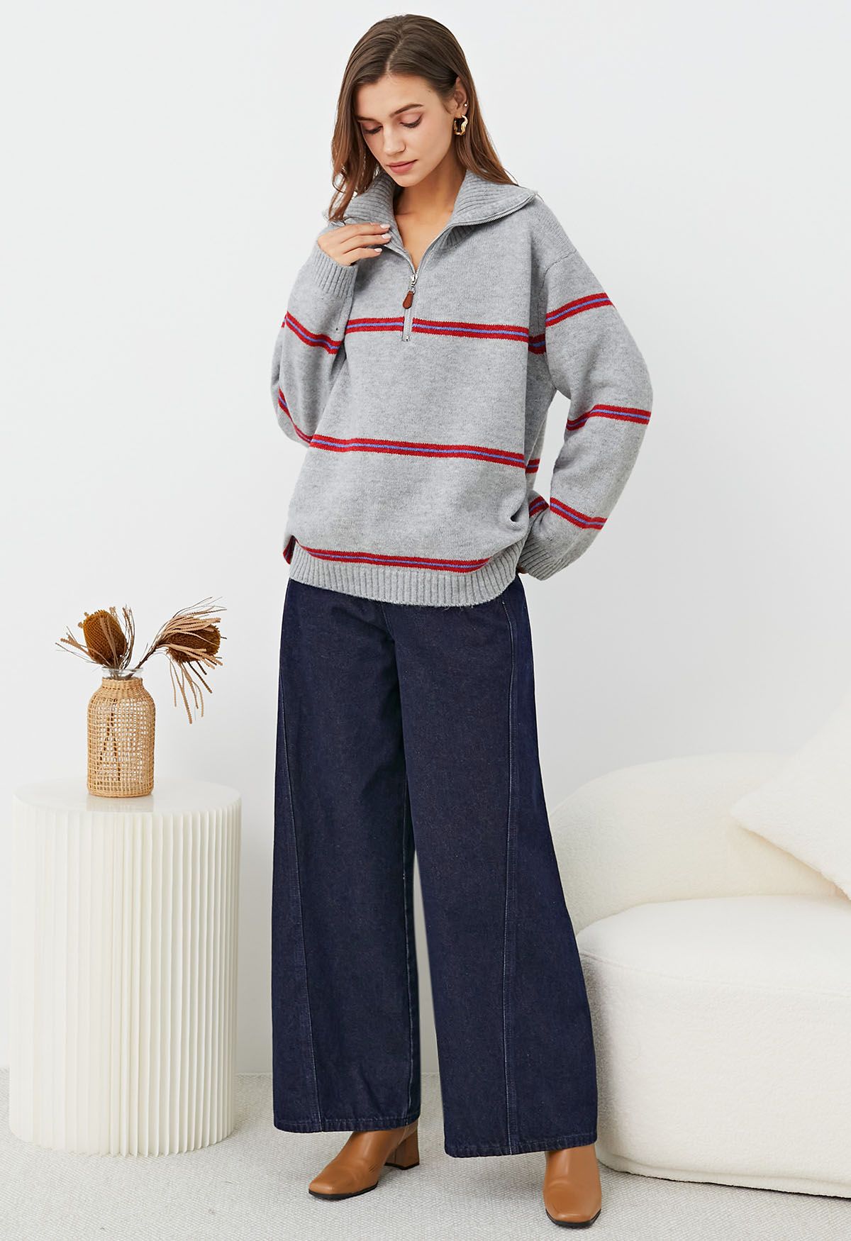 Sporty Stripes Half-Zip Collar Knit Sweater in Grey