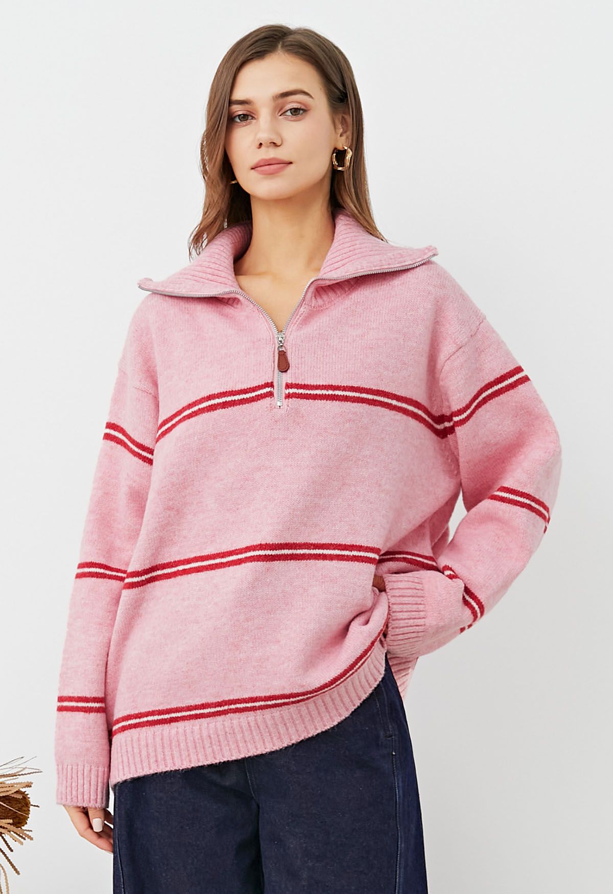 Sporty Stripes Half-Zip Collar Knit Sweater in Pink