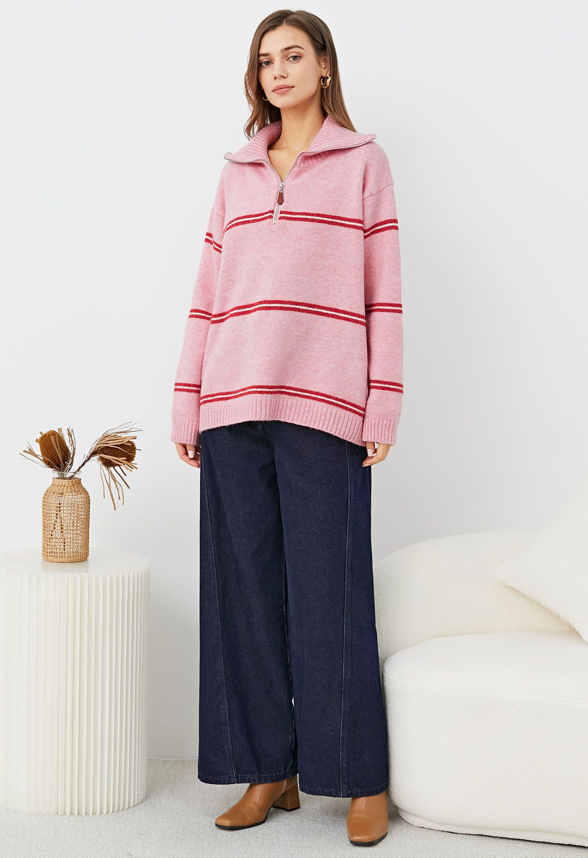 Sporty Stripes Half-Zip Collar Knit Sweater in Pink