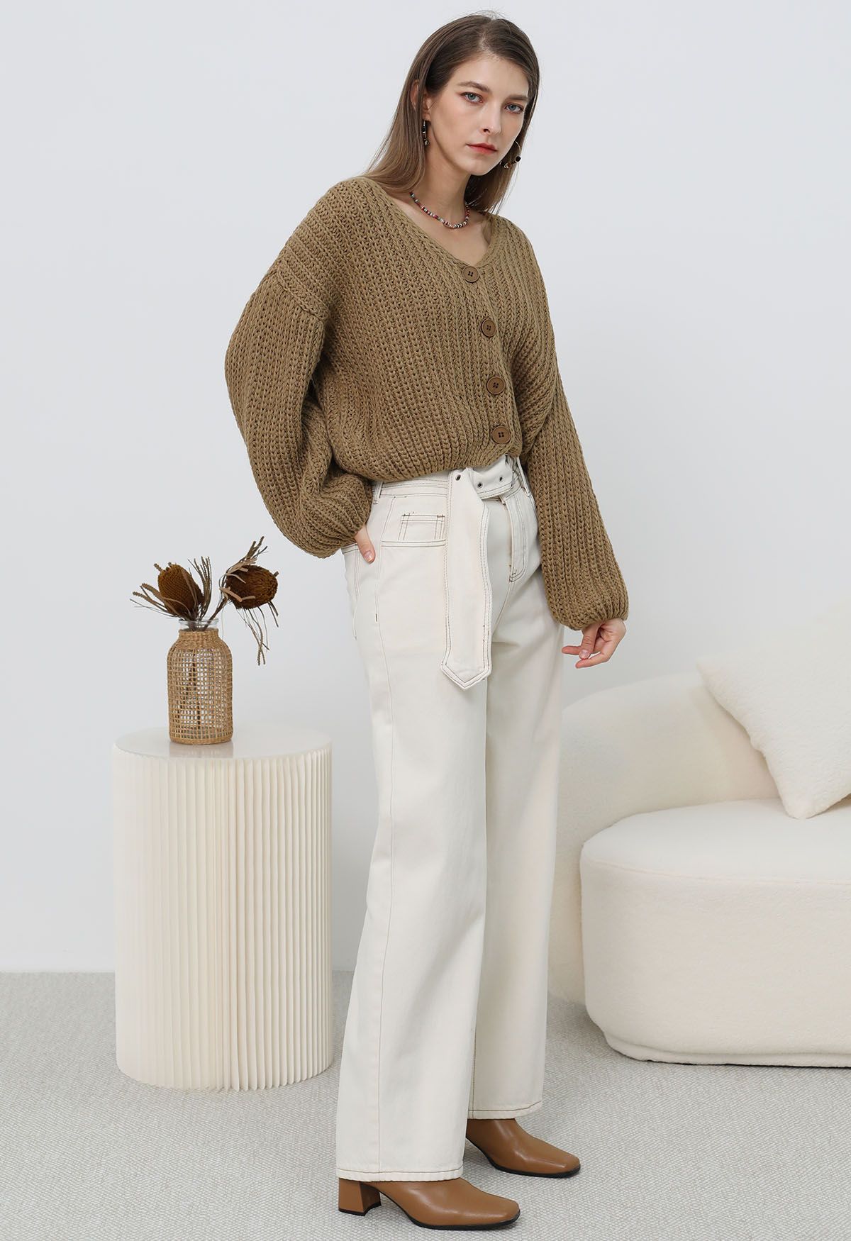 Hand-Knit Drop-Shoulder Buttoned Crop Cardigan in Khaki