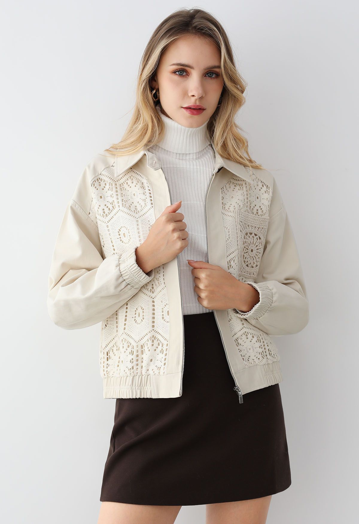 Zip Up Floral Cutwork Crochet Jacket