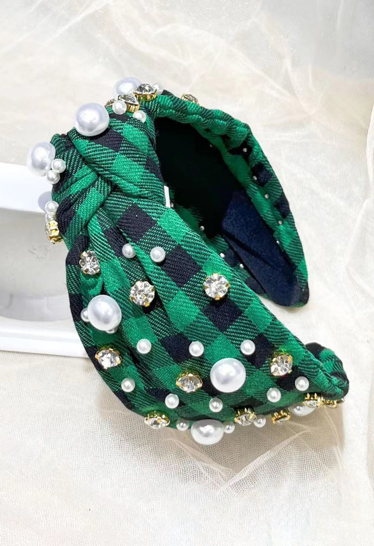 Classic Plaid Rhinestone Beaded Headband in Green