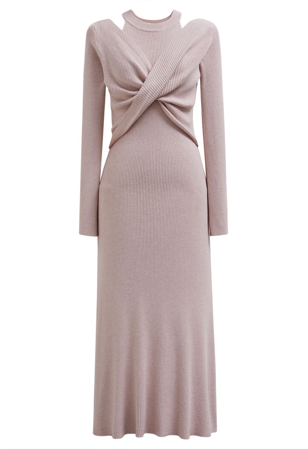 Cutout Shoulders Cross Front Knit Midi Dress in Pink