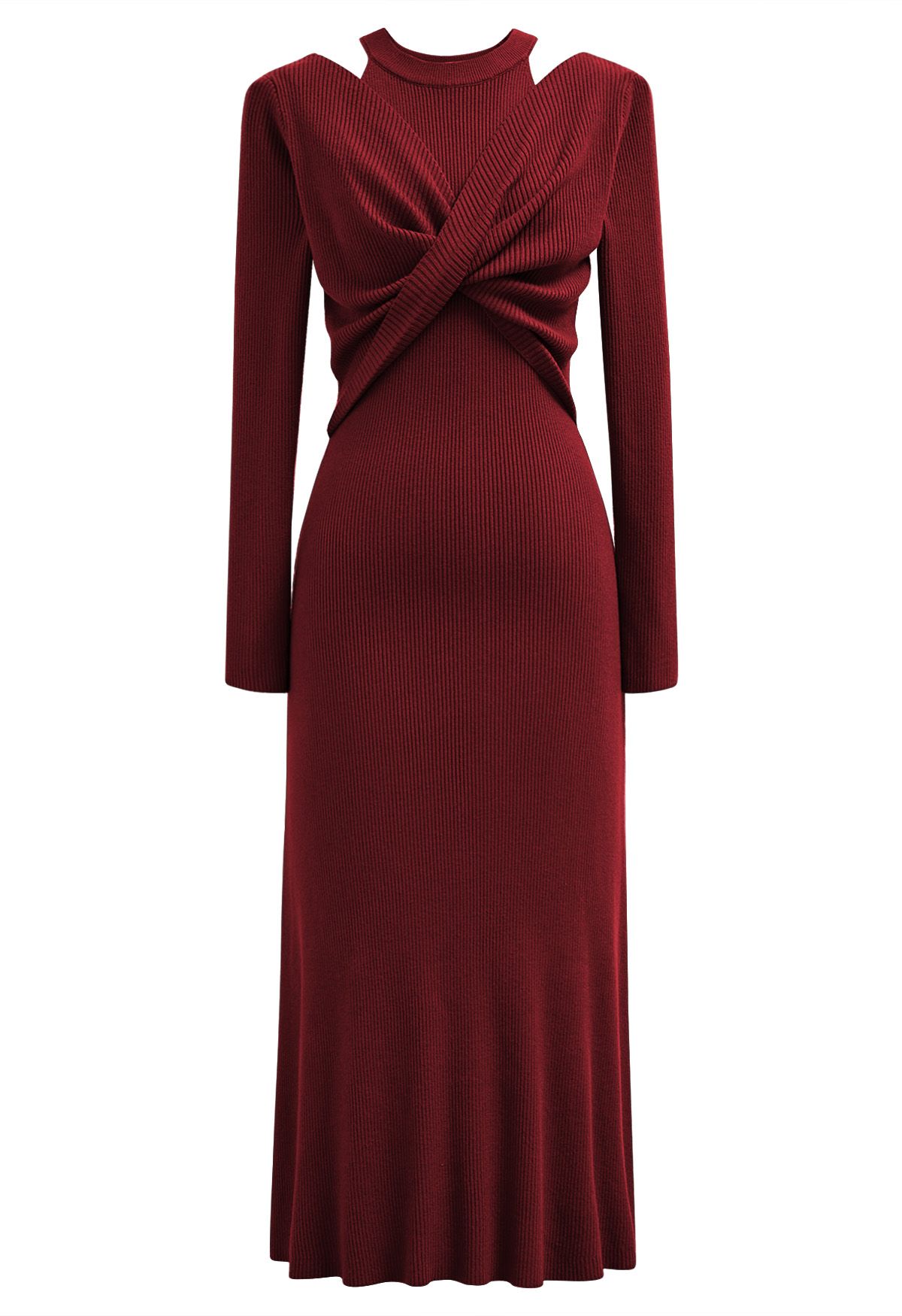 Cutout Shoulders Cross Front Knit Midi Dress in Red