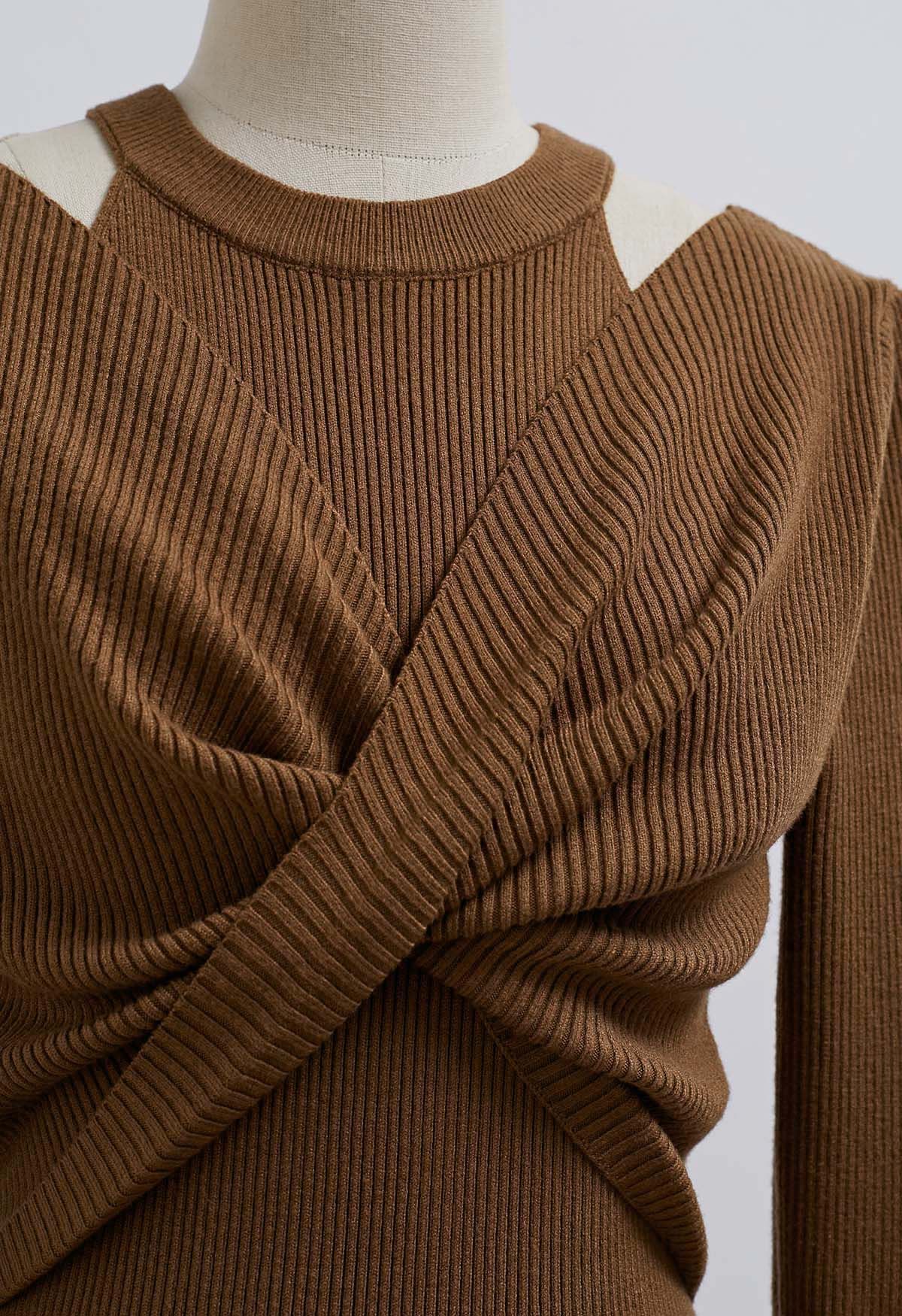 Cutout Shoulders Cross Front Knit Midi Dress in Caramel