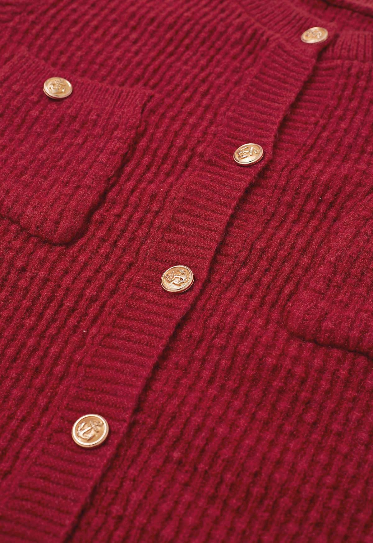 Embossed Dots Patch Pocket Buttoned Knit Cardigan in Red