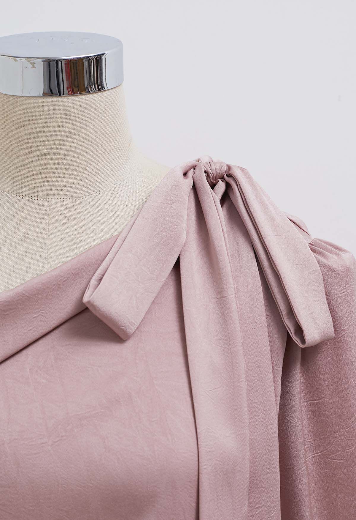 One-Shoulder Bowknot Flap Satin Top in Pink