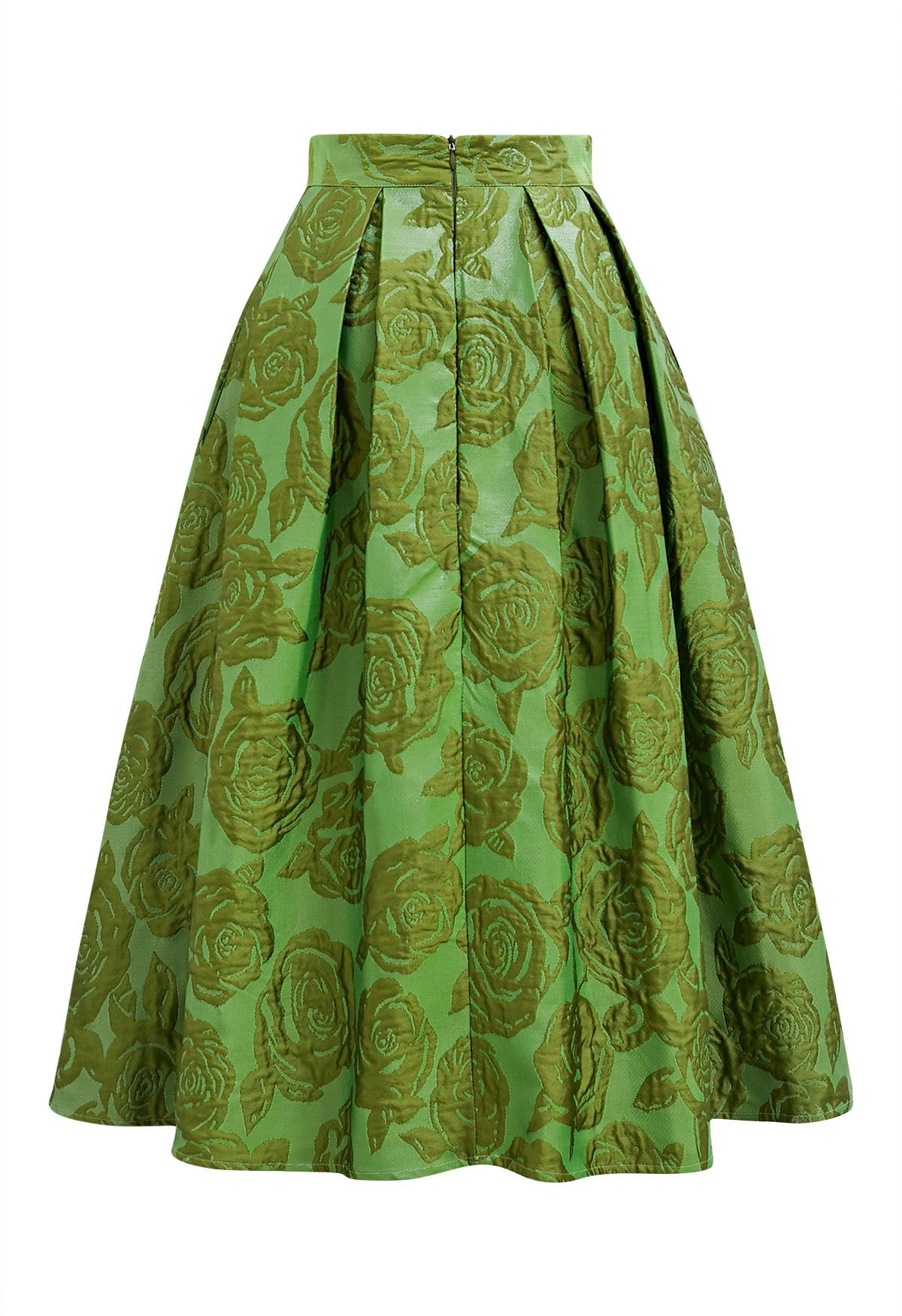 Embossed Rose Jacquard A-Line Pleated Midi Skirt in Green