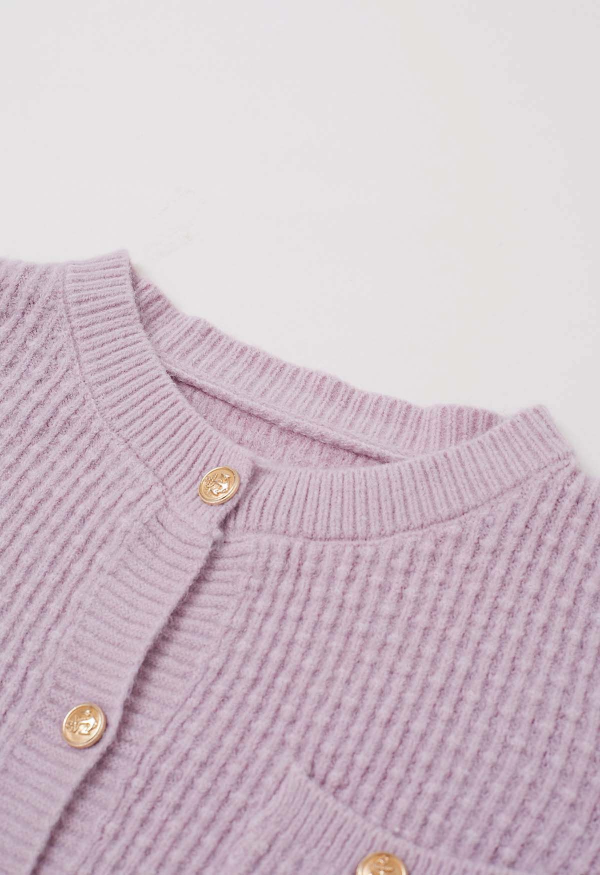 Embossed Dots Patch Pocket Buttoned Knit Cardigan in Lilac