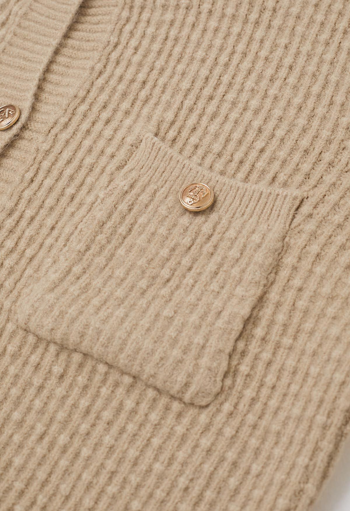 Embossed Dots Patch Pocket Buttoned Knit Cardigan in Camel