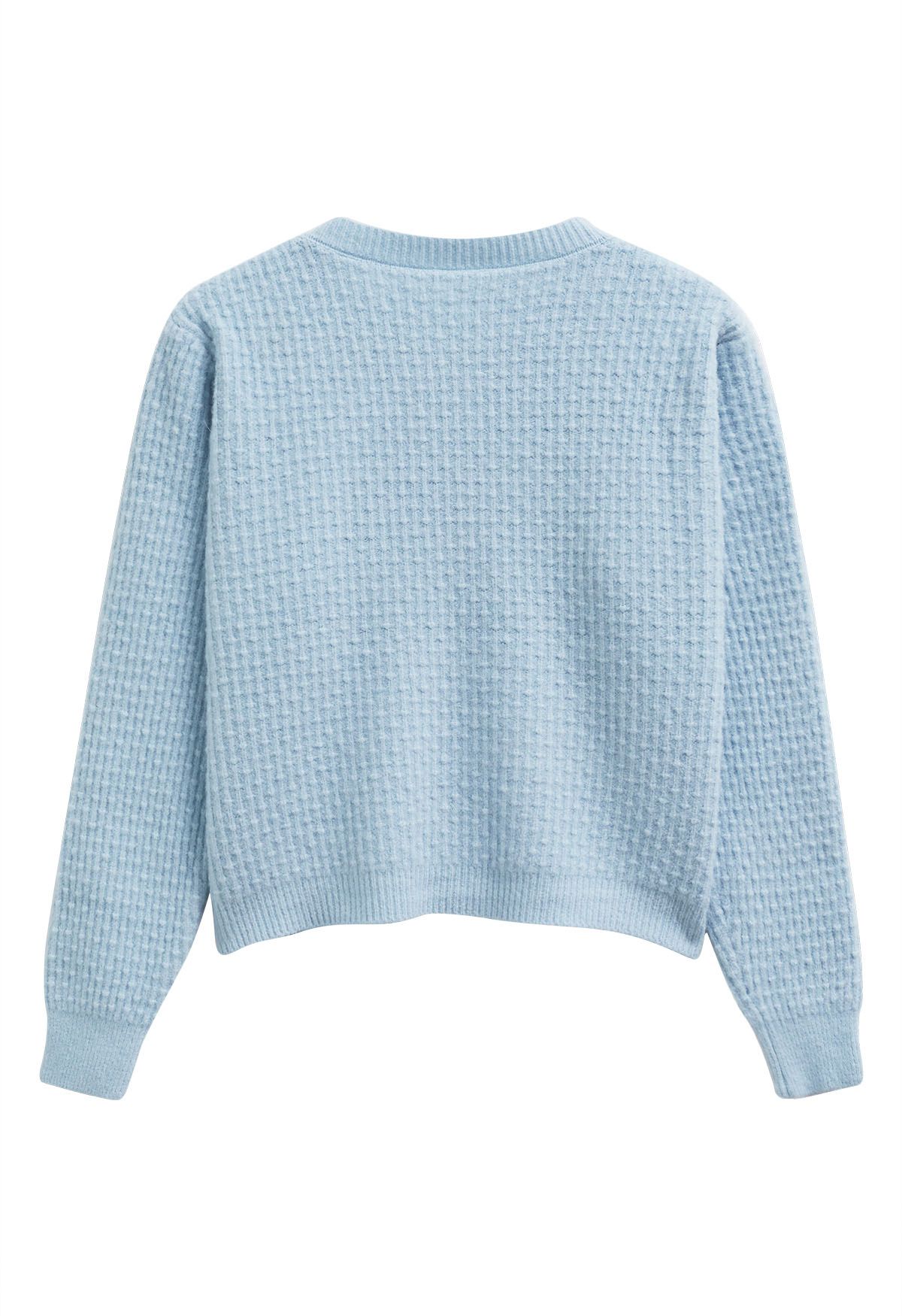 Embossed Dots Patch Pocket Buttoned Knit Cardigan in Baby Blue