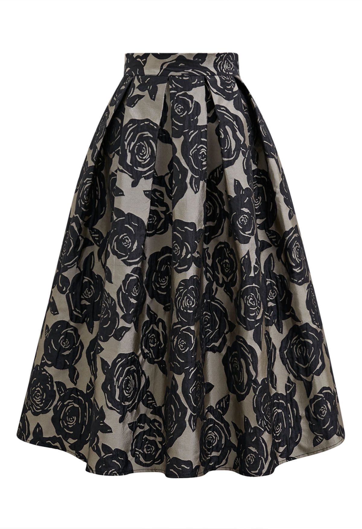 Embossed Rose Jacquard A-Line Pleated Midi Skirt in Black